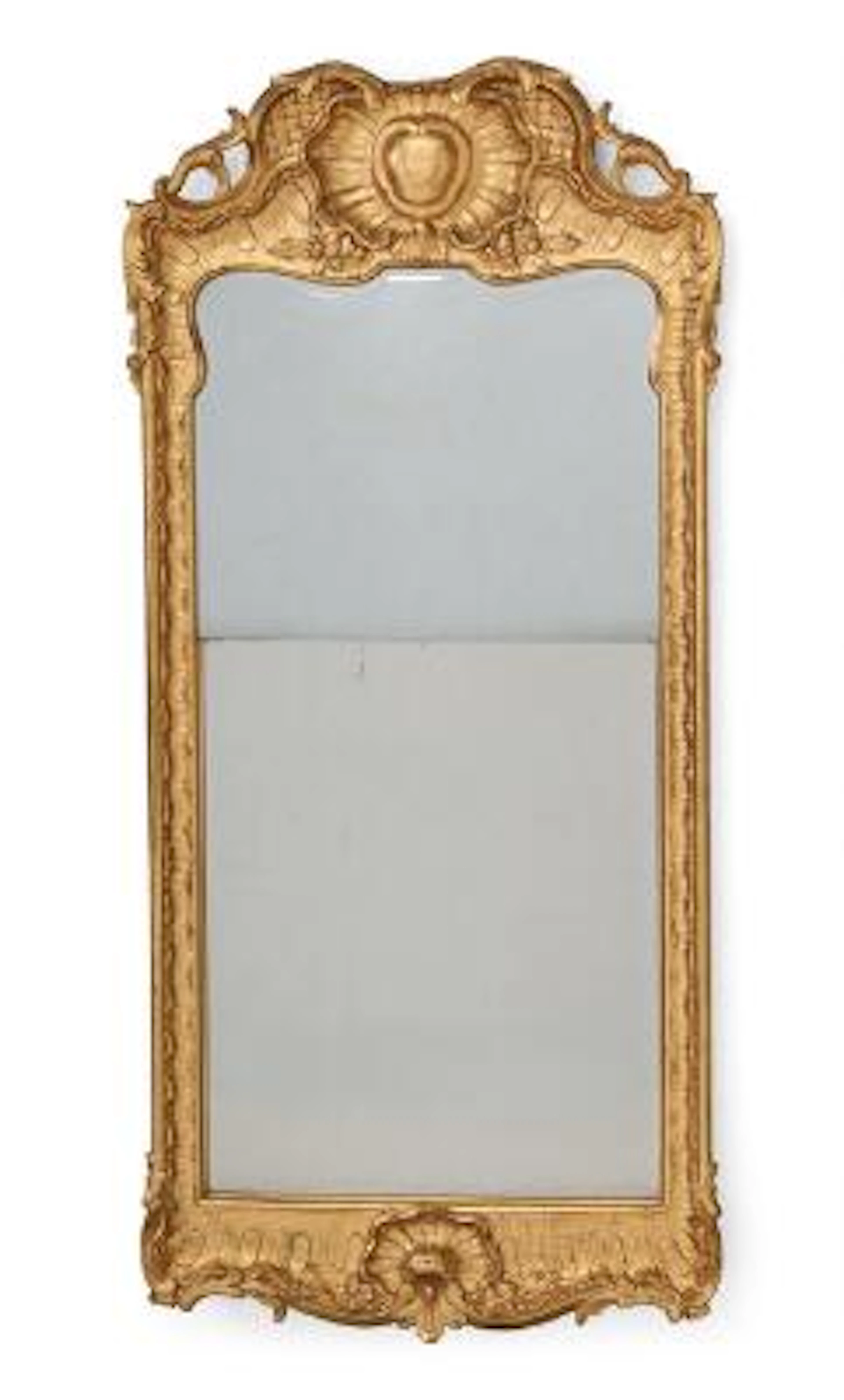 A Swedish Rococo mirror in frame of gilded wood, two-part faceted