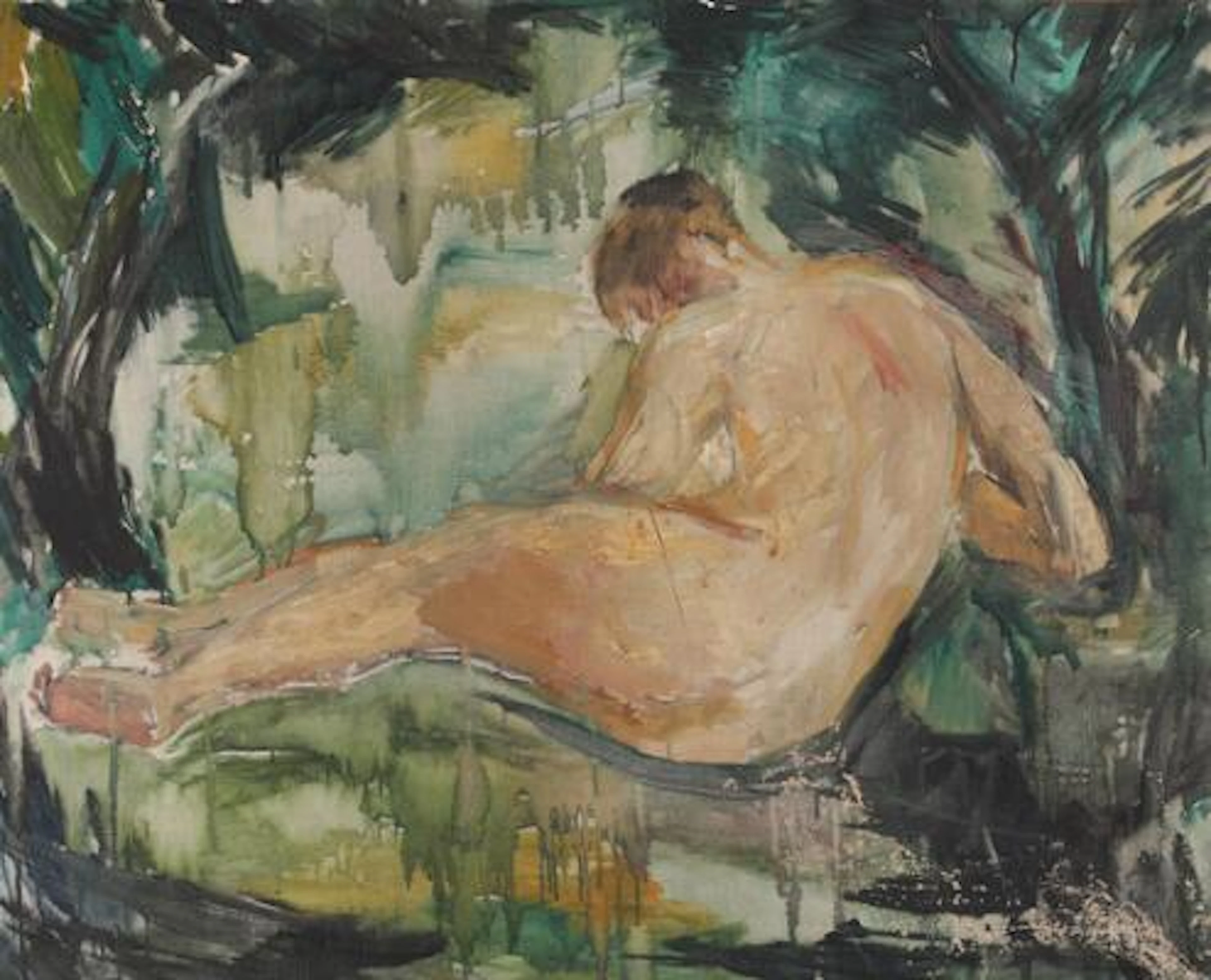 Unknown Danish artist, 20th century.: Forest scene with reclining