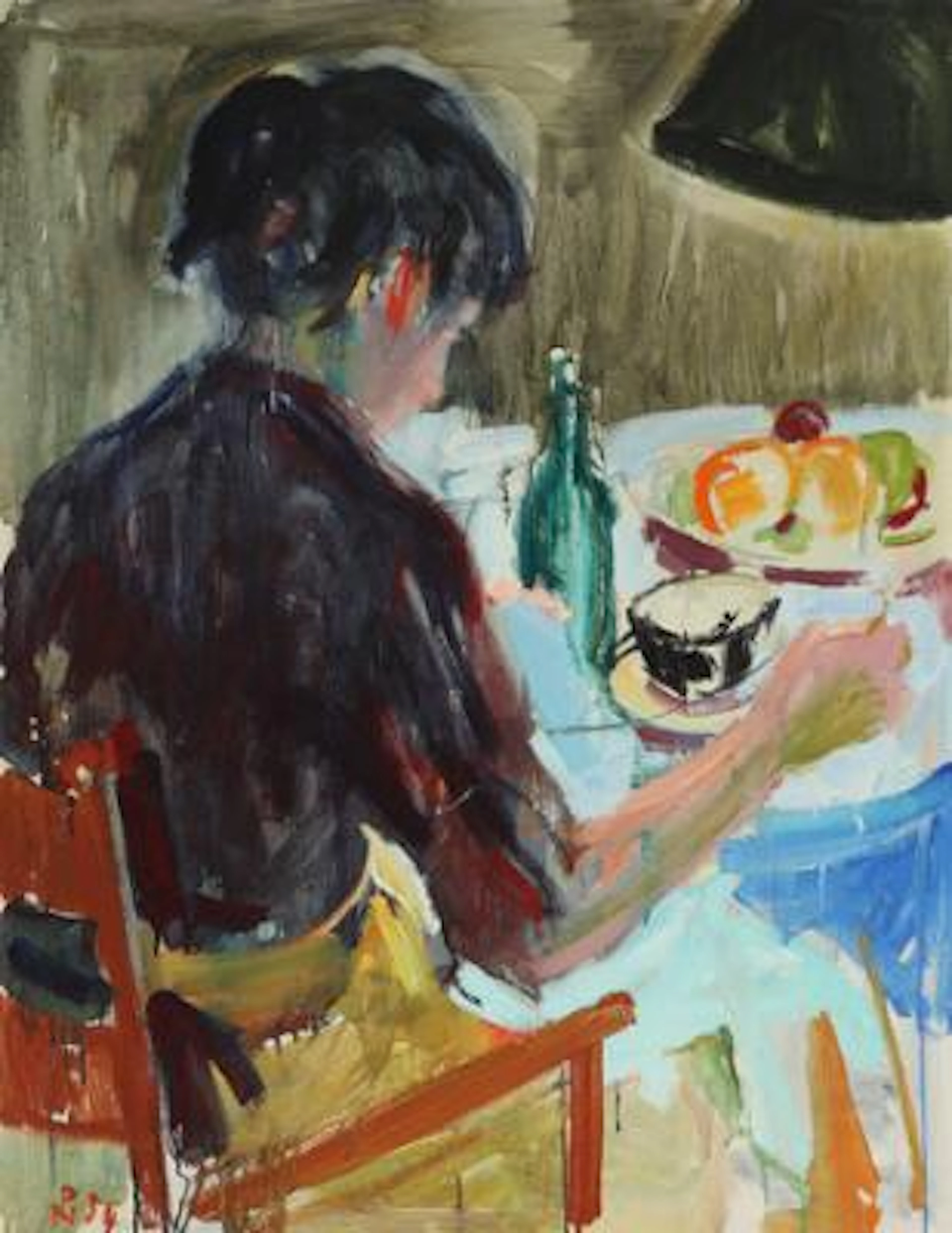 Poul S. Nielsen: Woman Seen from Behind Seated at a Table, 1954. Signed