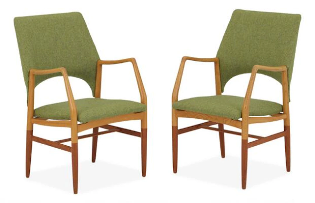 Scandinavian design: A pair of ash wood and teak chairs. Upholstered
