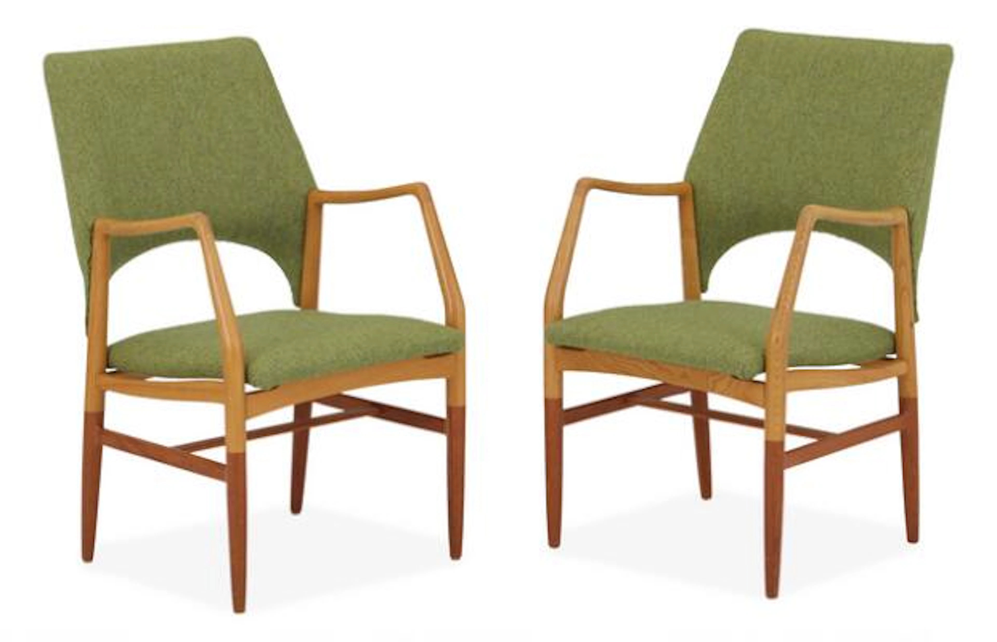 Scandinavian design: A pair of ash wood and teak chairs. Upholstered