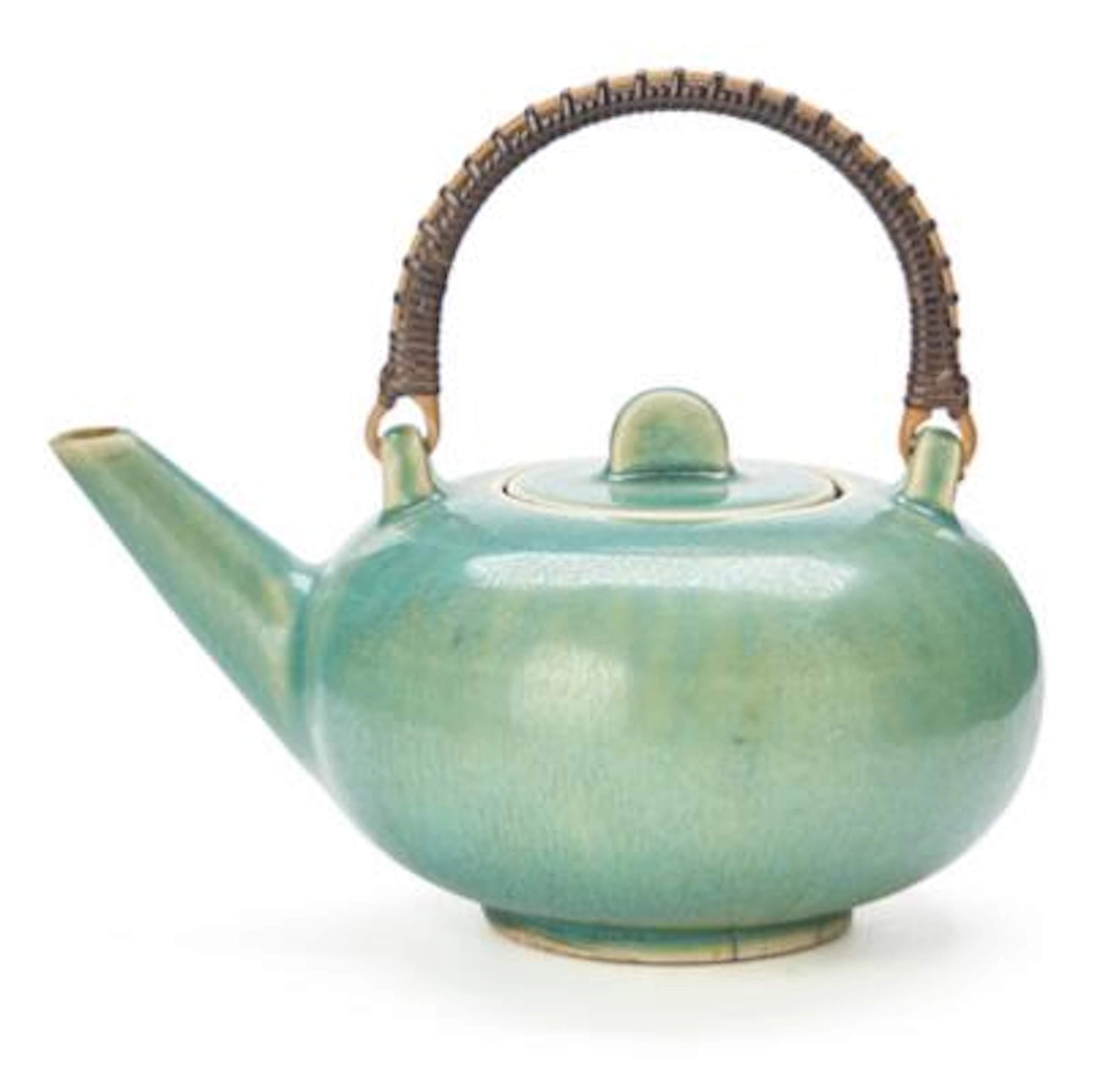 Saxbo: Small stoneware teapot decorated with turquoise-green glaze.