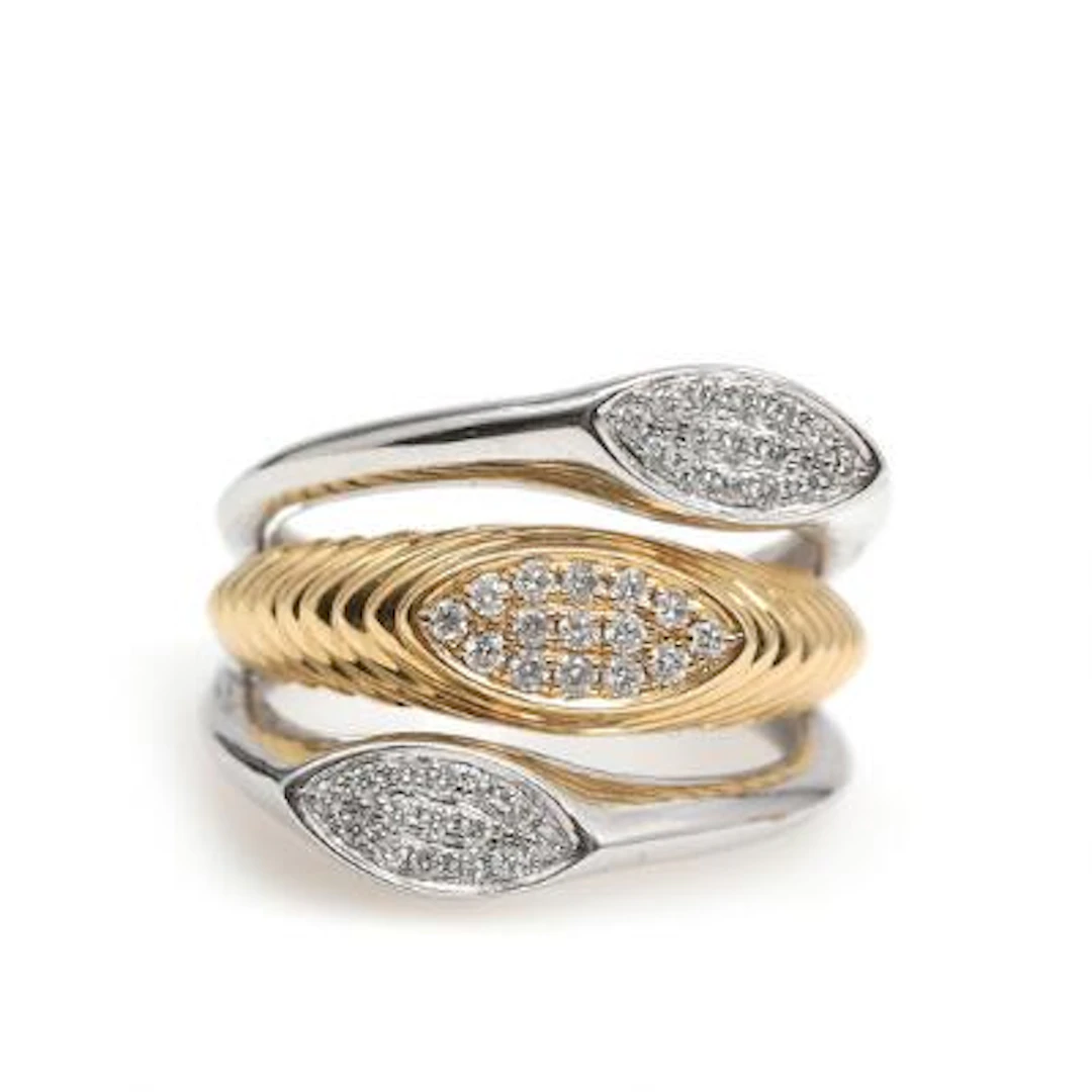 A diamond ring set with numerous brilliant-cut diamonds, mounted in