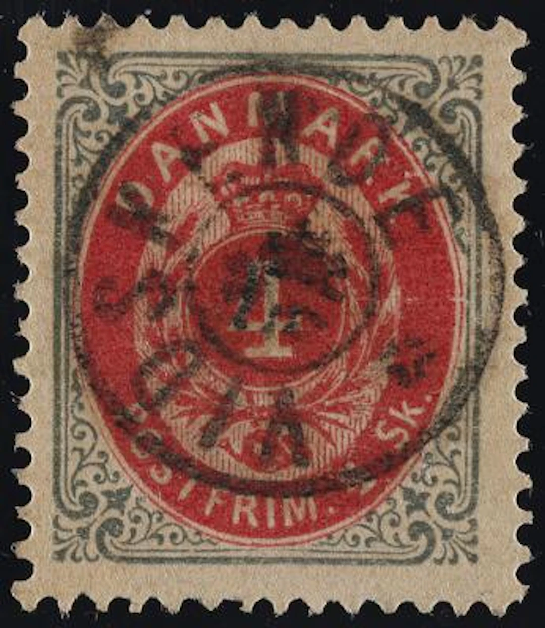 VIDSKENDE. 1871. 4 Skilling, grey/red. Excellent stamp with star canc.