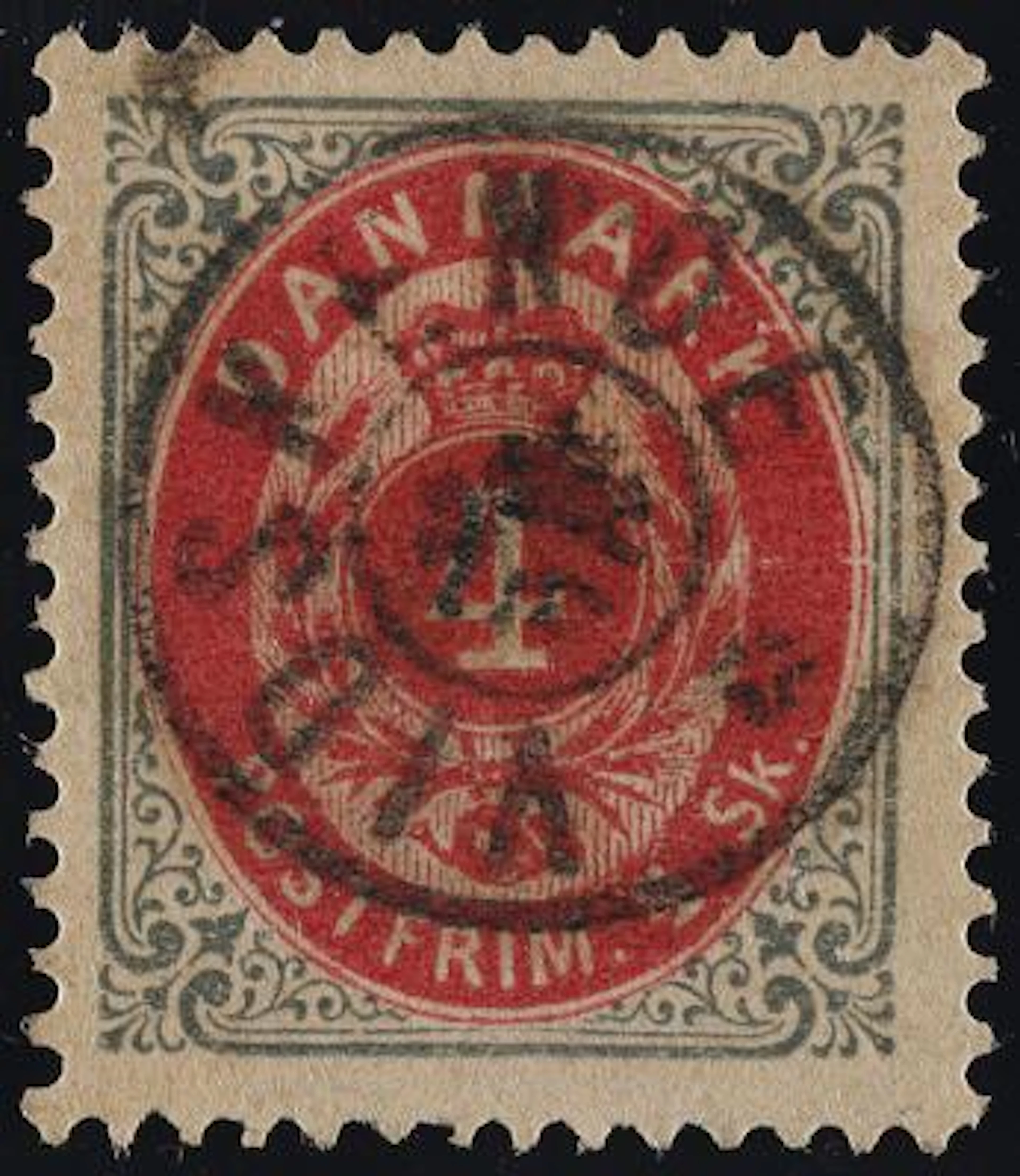 VIDSKENDE. 1871. 4 Skilling, grey/red. Excellent stamp with star canc.