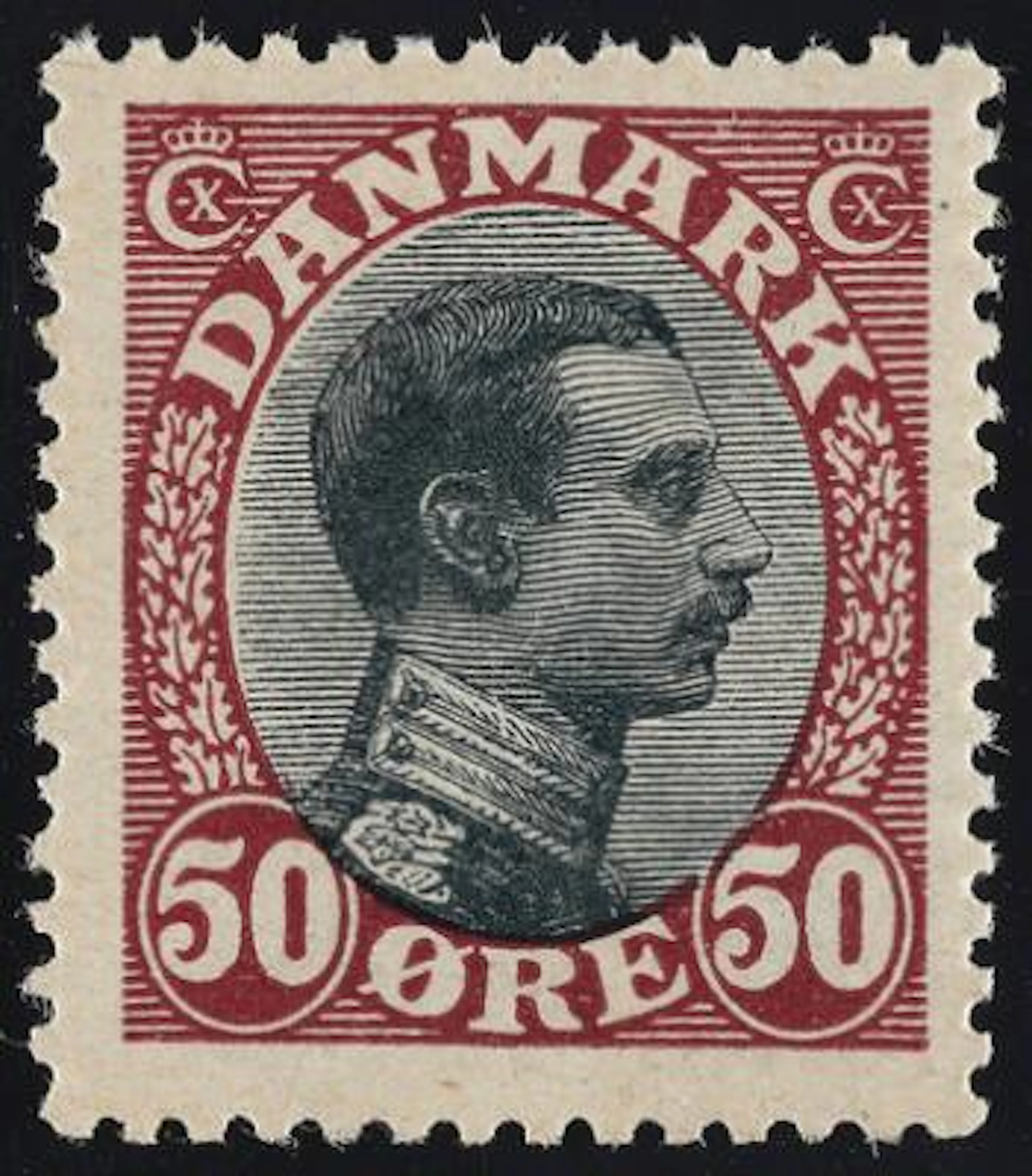 1919. Christian X. 50 Øre, claret/black. Very fine never hinged stamp