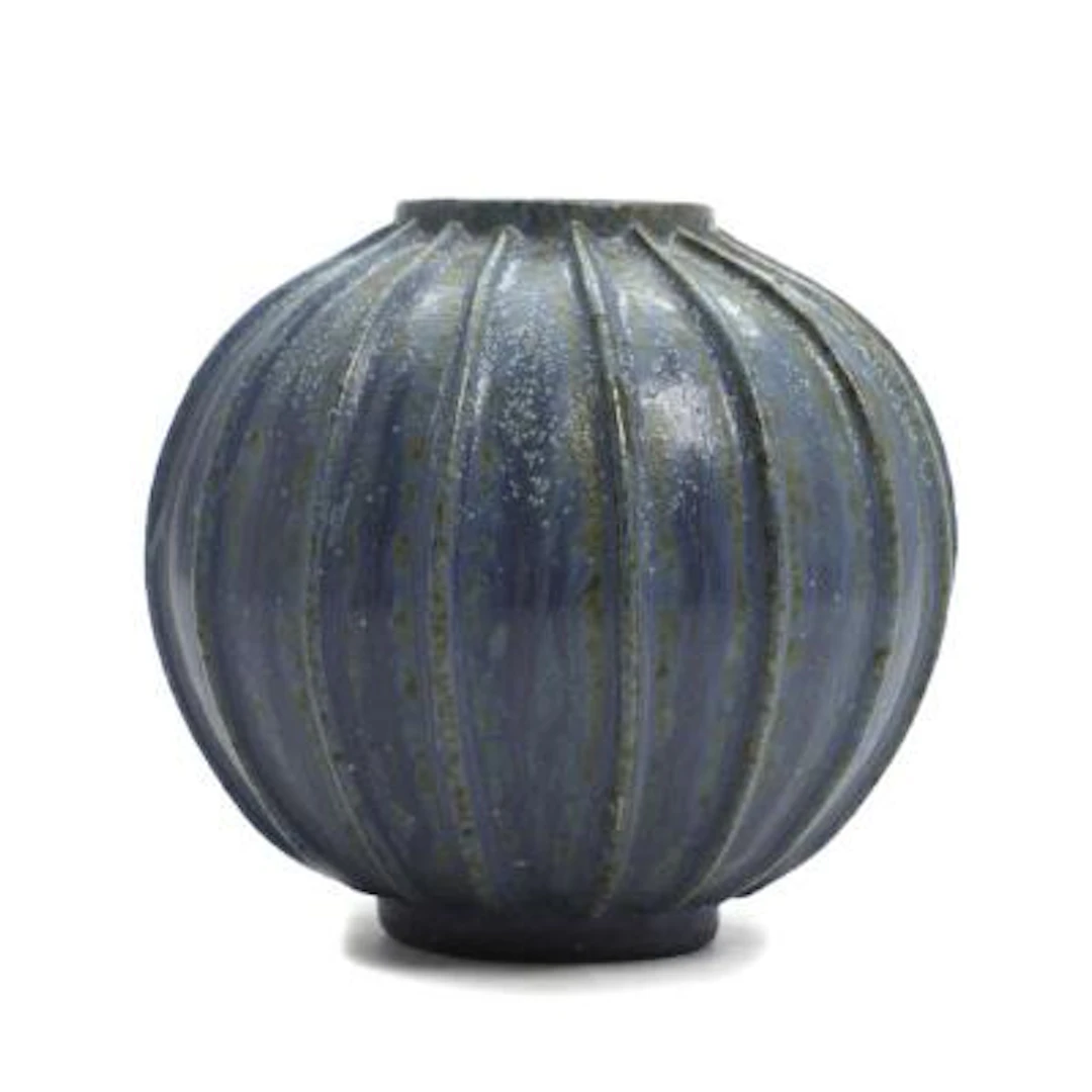 Arne Bang: A round stoneware vase, modelled with vertical fluted relief