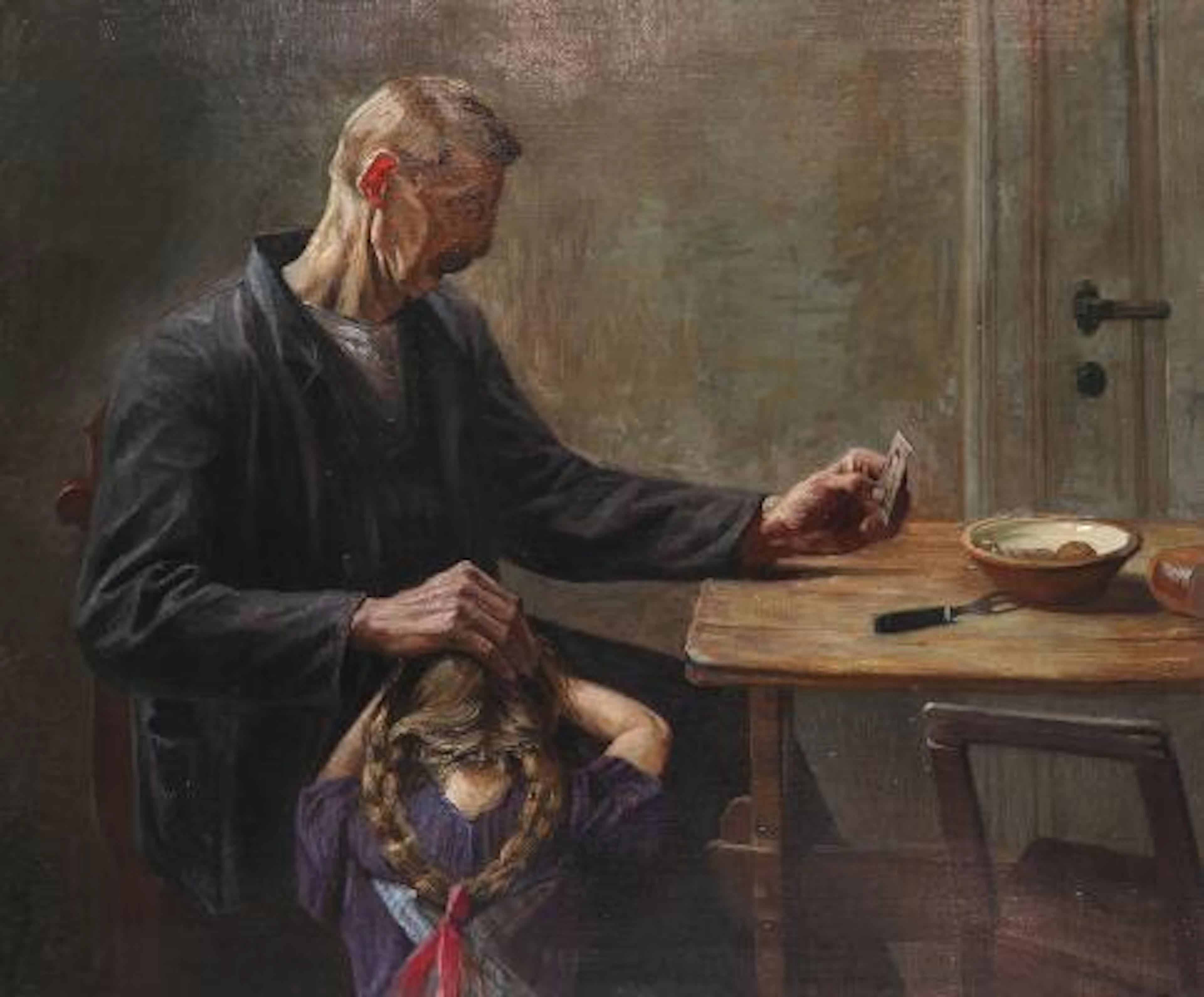 Christian Aigens: "Morfar trøster". Signed Chr. Aigens. Oil on canvas.