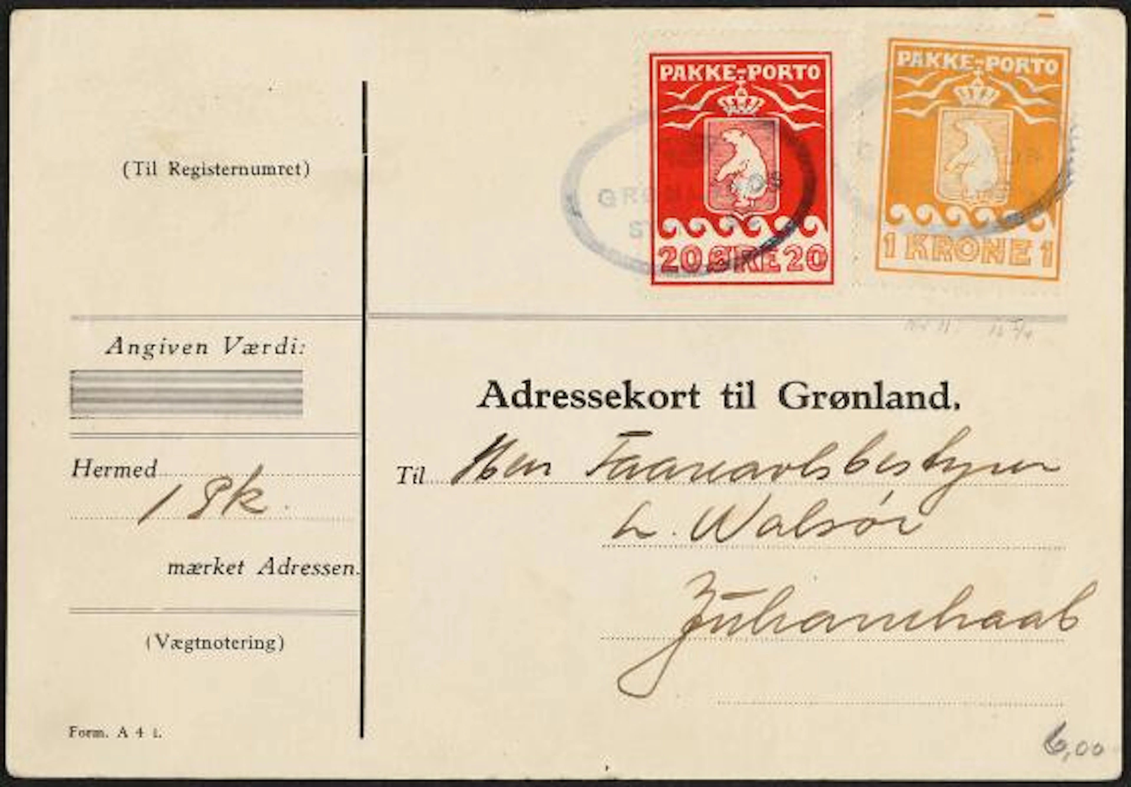 Greenland. 1915-1930. 20 Ore, red and 1 Kr. orange. Parcelcard for