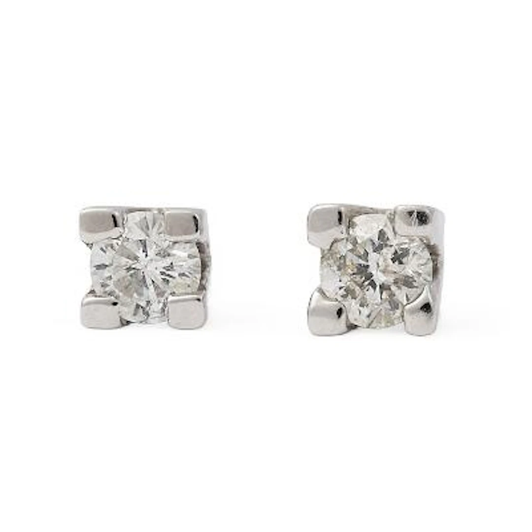 Scrouples: A pair of diamond ear studs each set with a brilliant-cut
