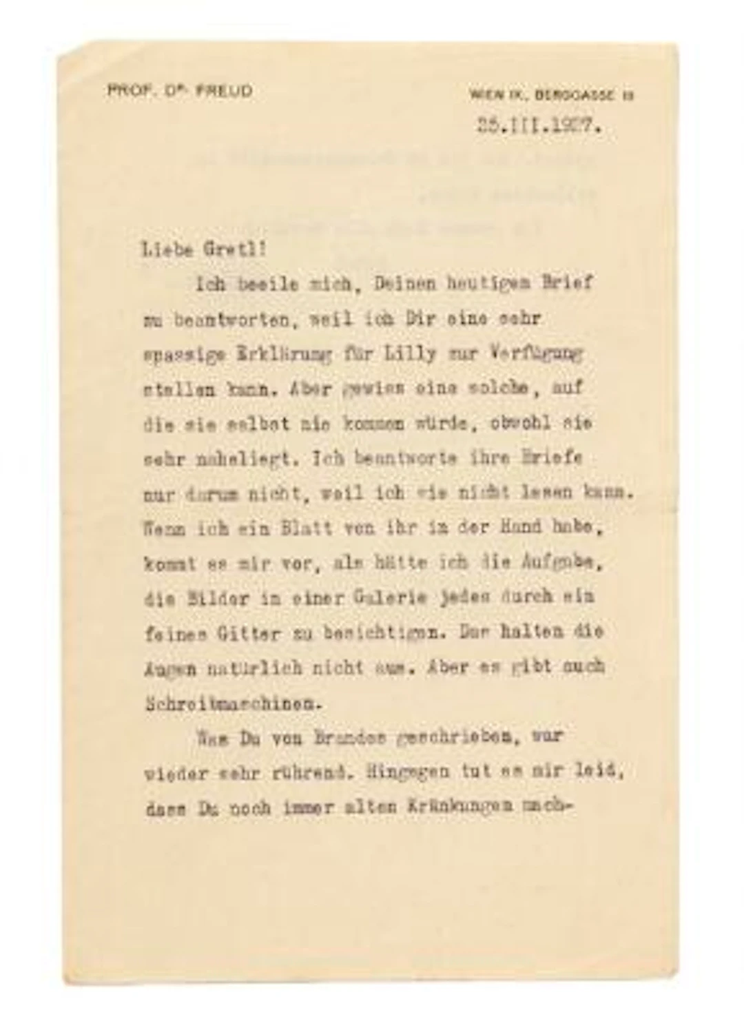 Letter written by Sigmund Freud, dated March 25, 1927 (typewritten)
