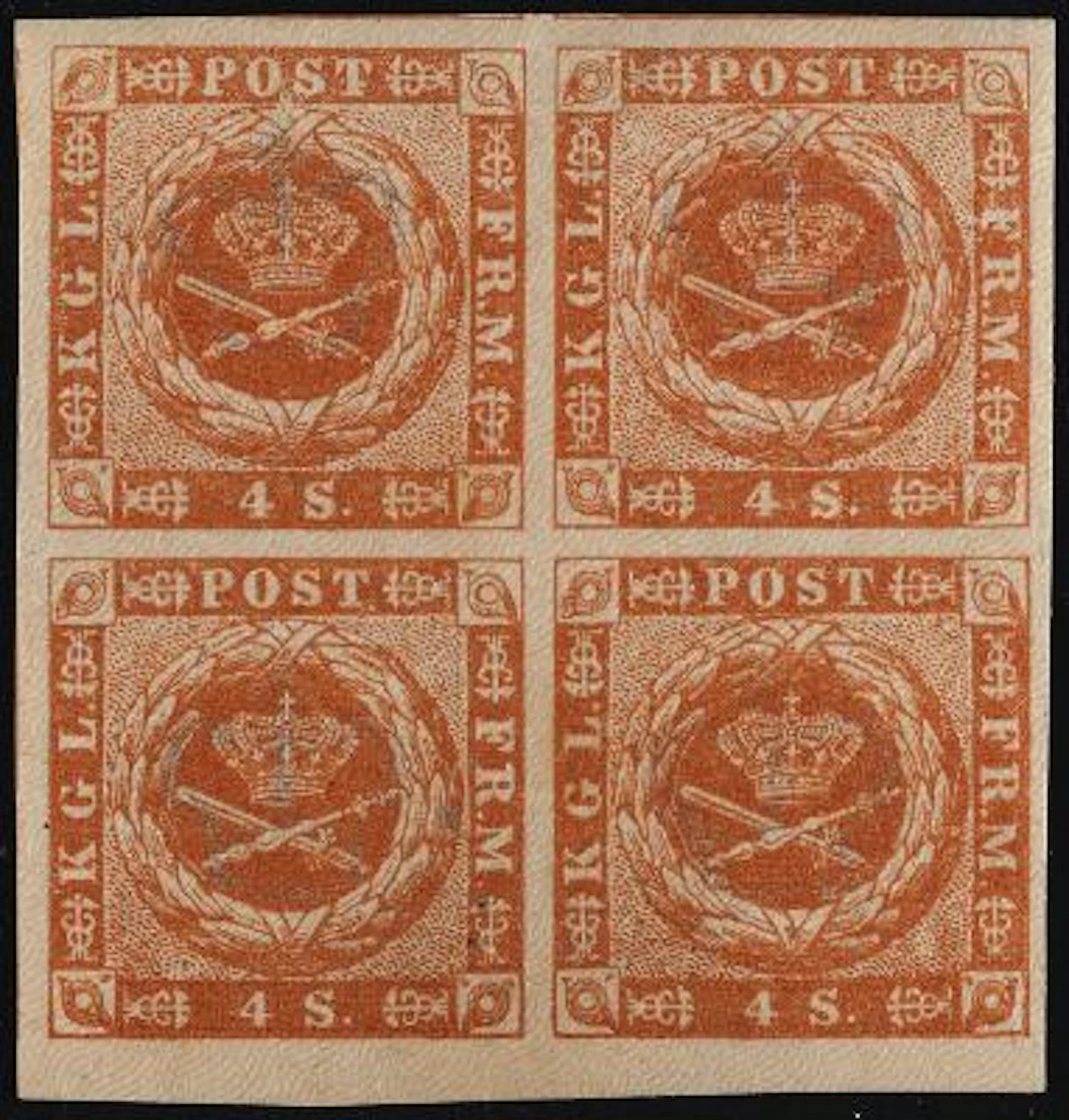 1854. 4 sk. brown. 4.print. MNH BLOCK OF 4 with unusaully wide margins