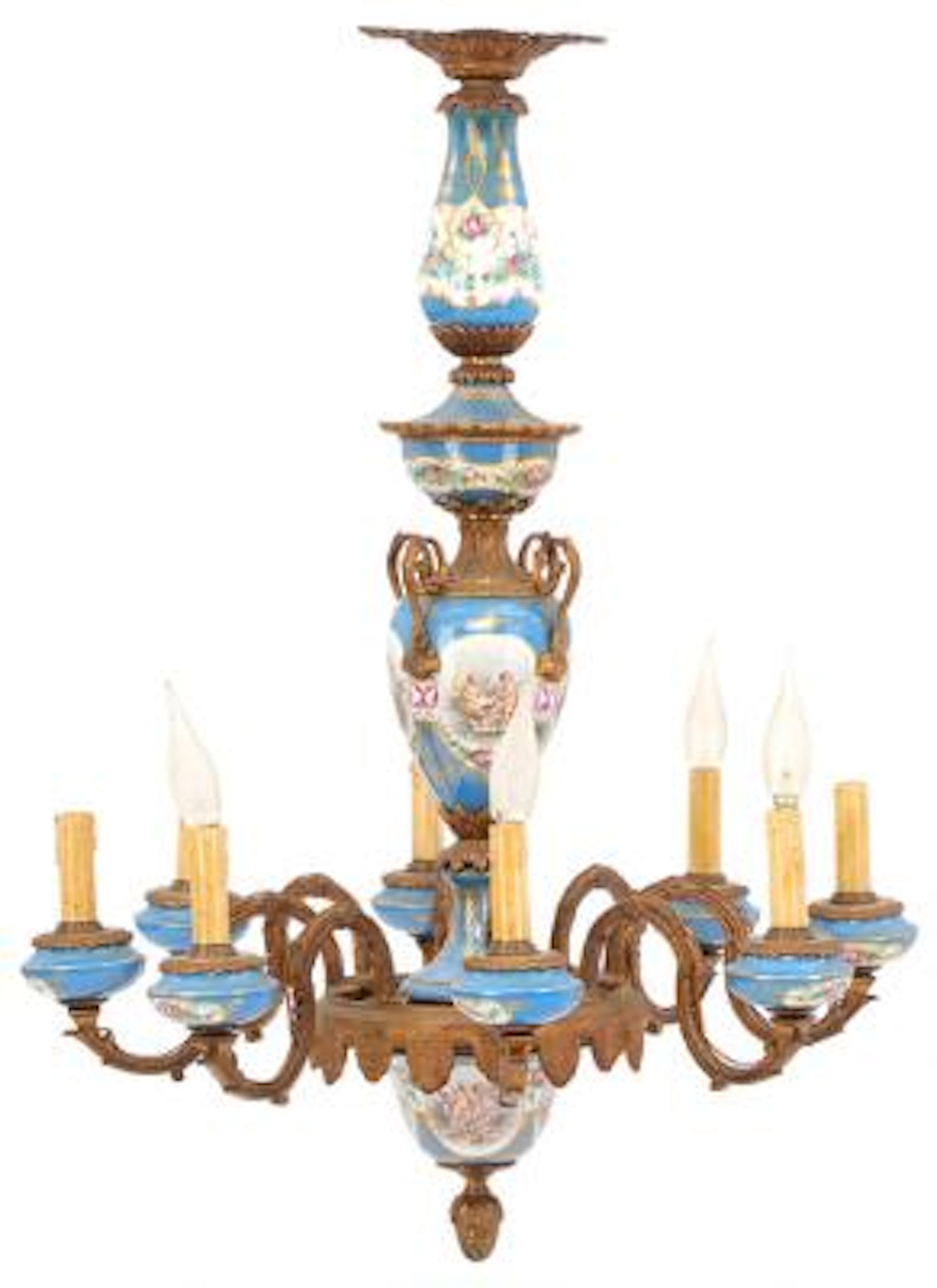 French chandelier of bronze and porcelain decorated in blue with figure