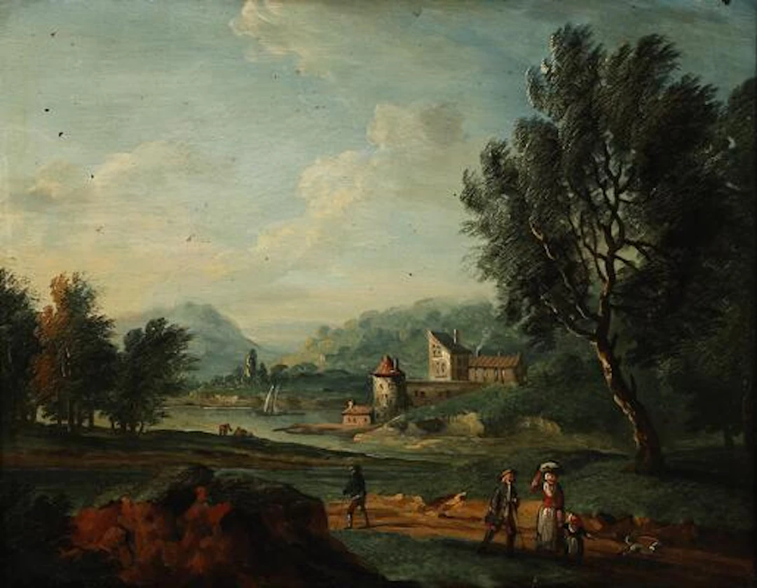 Painter unknown, 19th century: A riverscape with figures. Unsigned.