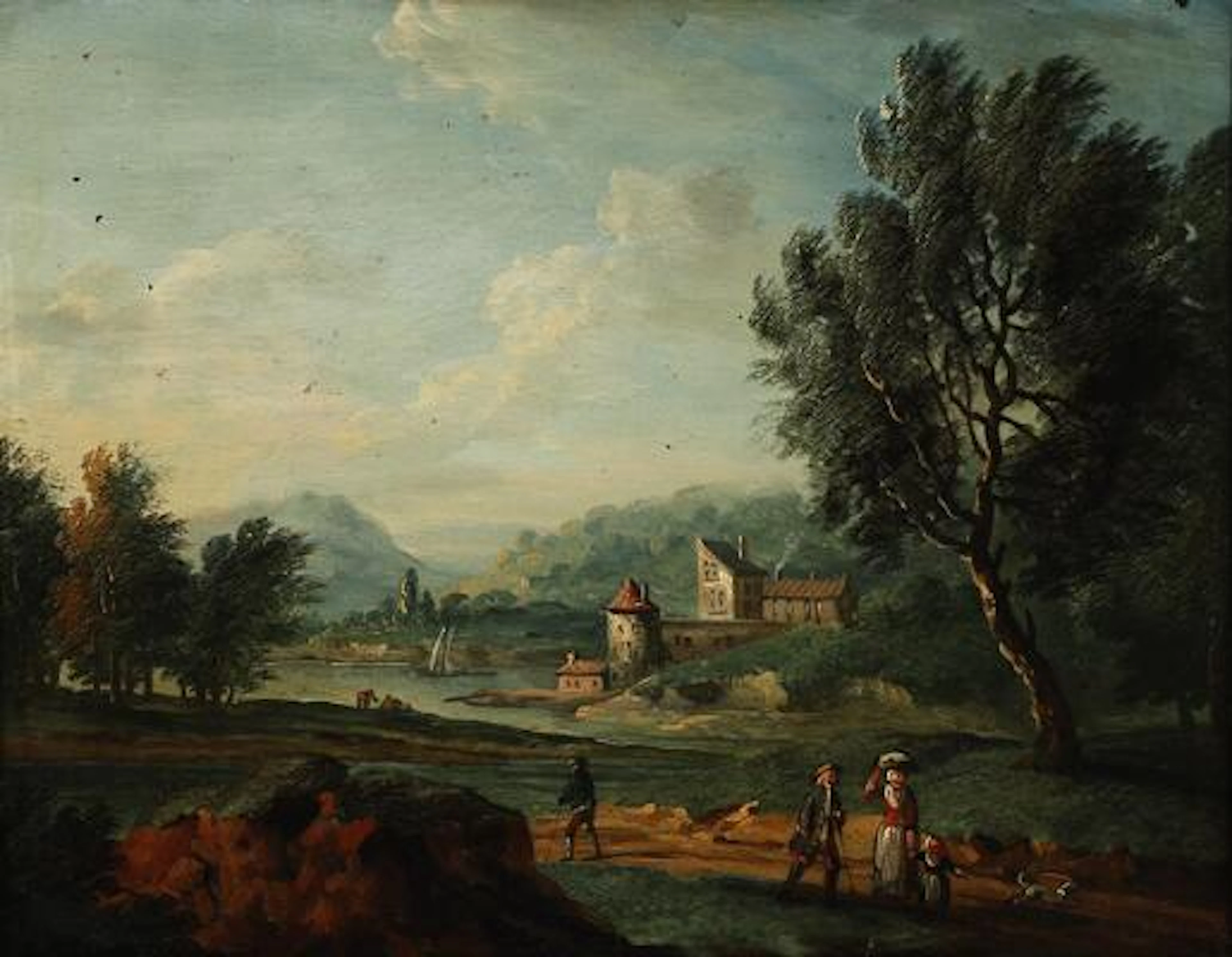 Painter unknown, 19th century: A riverscape with figures. Unsigned.