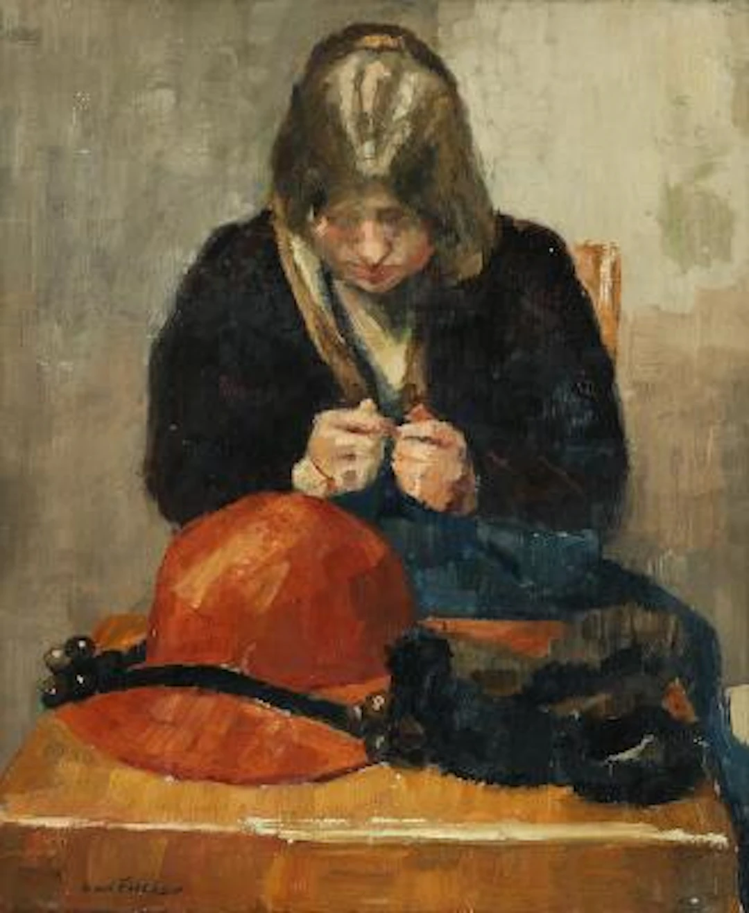 Carl Fischer: A woman trimming hats. Signed Carl Fischer. Oil on canvas