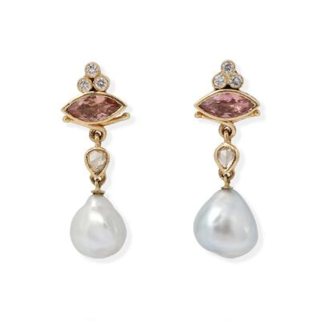 Natascha Trolle: A pair of pearl ear pendants set with tourmaline