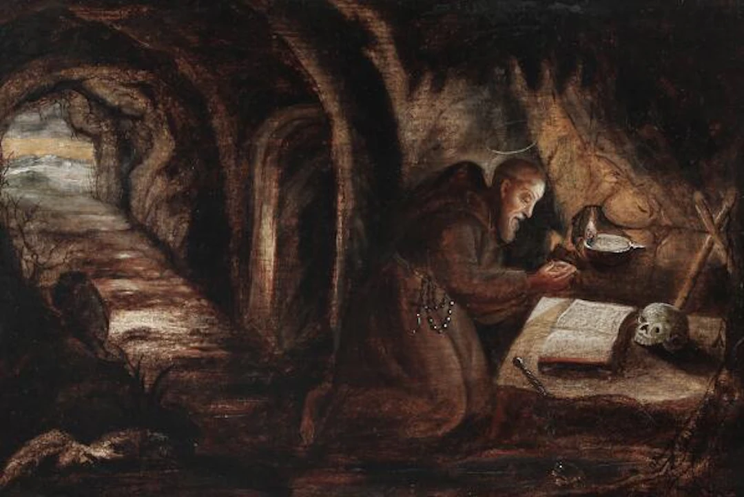 Painter unknown, 19th century: Praying franciscan monk in a cave.