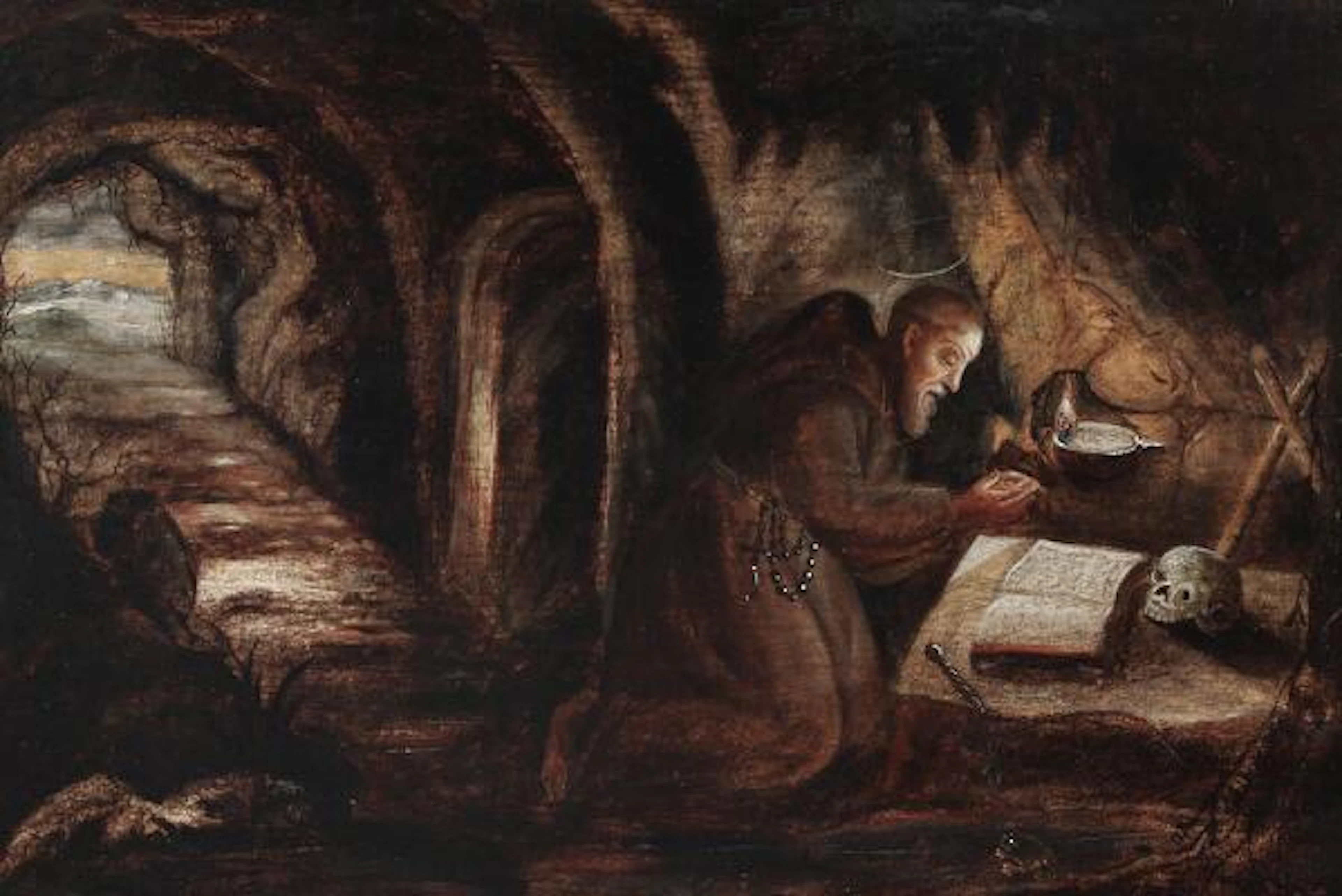 Painter unknown, 19th century: Praying franciscan monk in a cave.