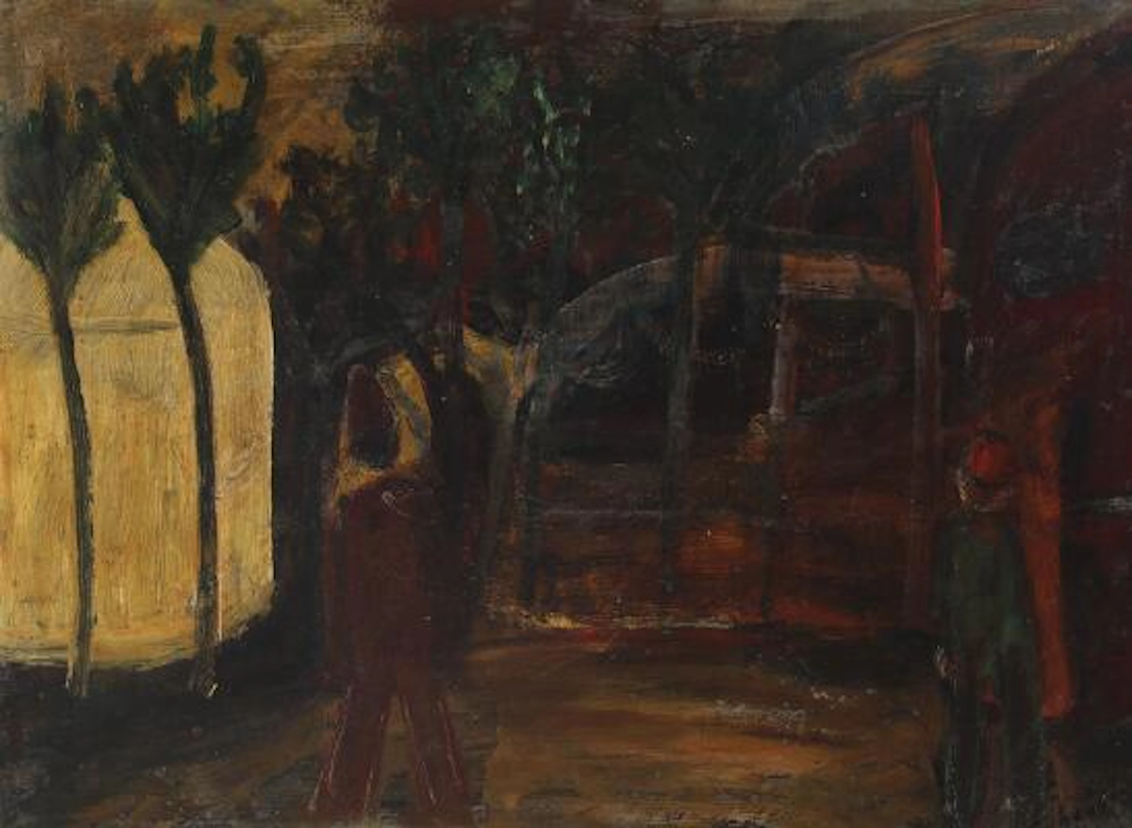 Unknown painter, 20th century: Park scenery with two figures. Indistinctly