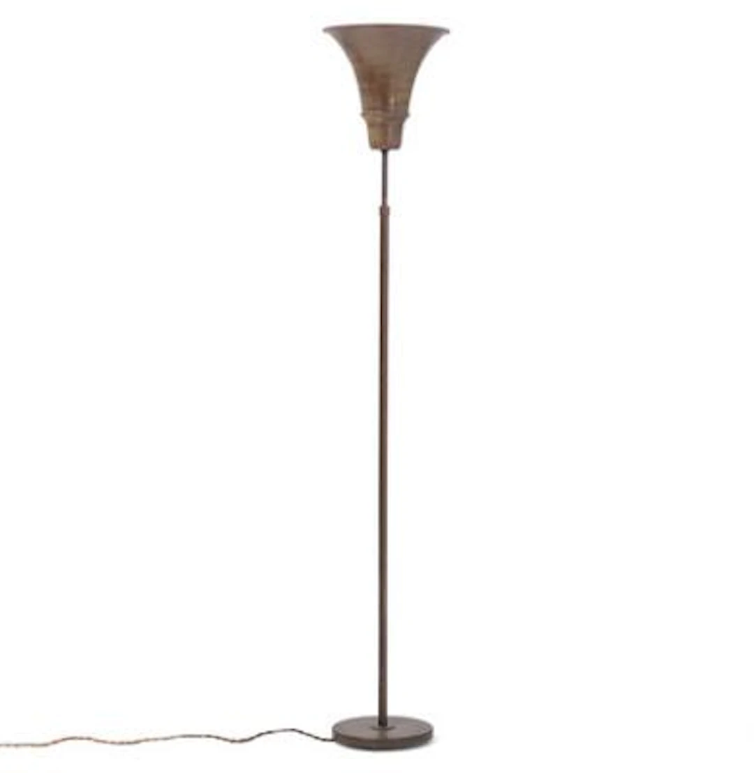 Danish design: "Bridge lamp". Browned brass uplight floor lamp, brown-lacquered