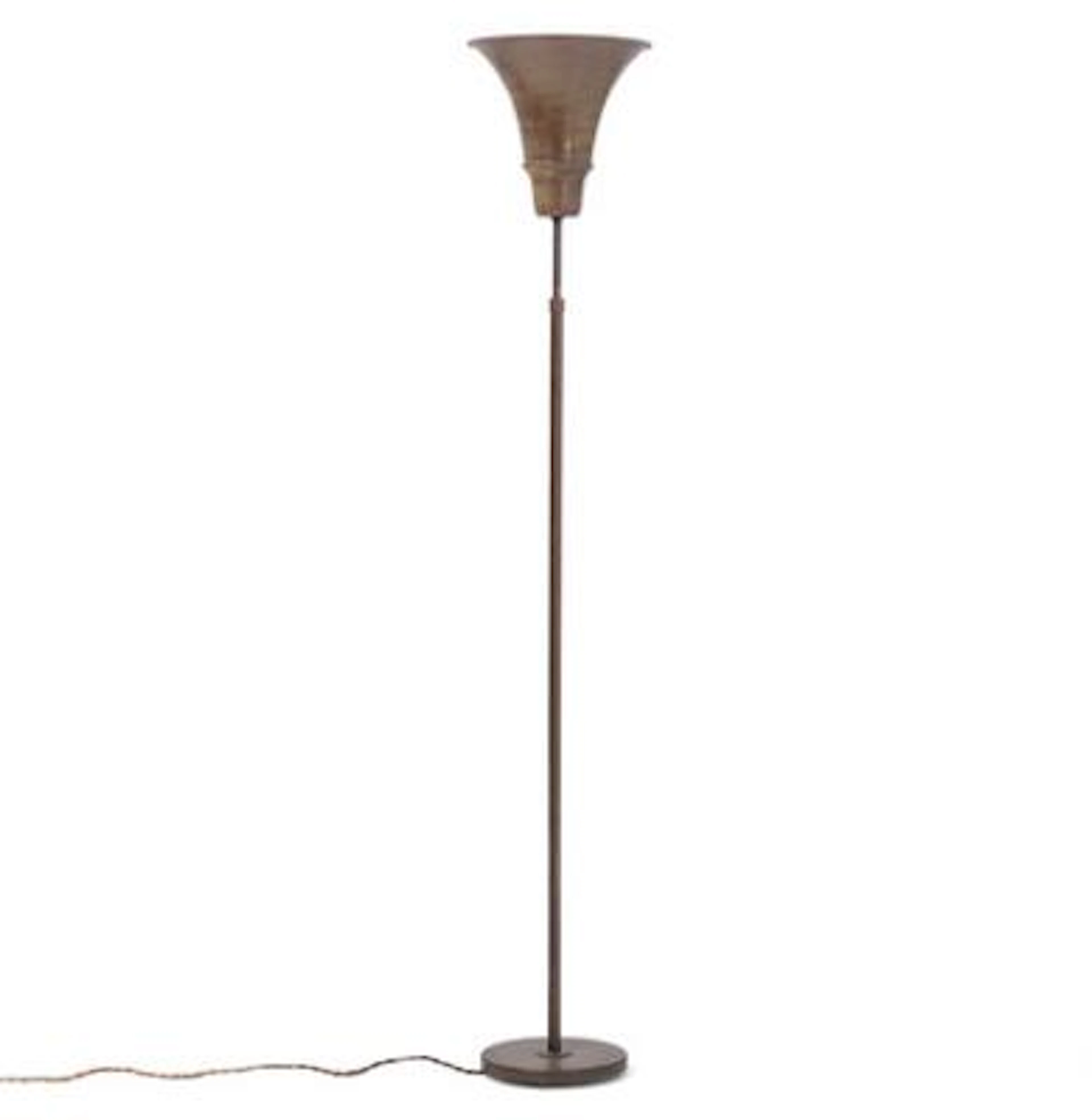 Danish design: "Bridge lamp". Browned brass uplight floor lamp, brown-lacquered