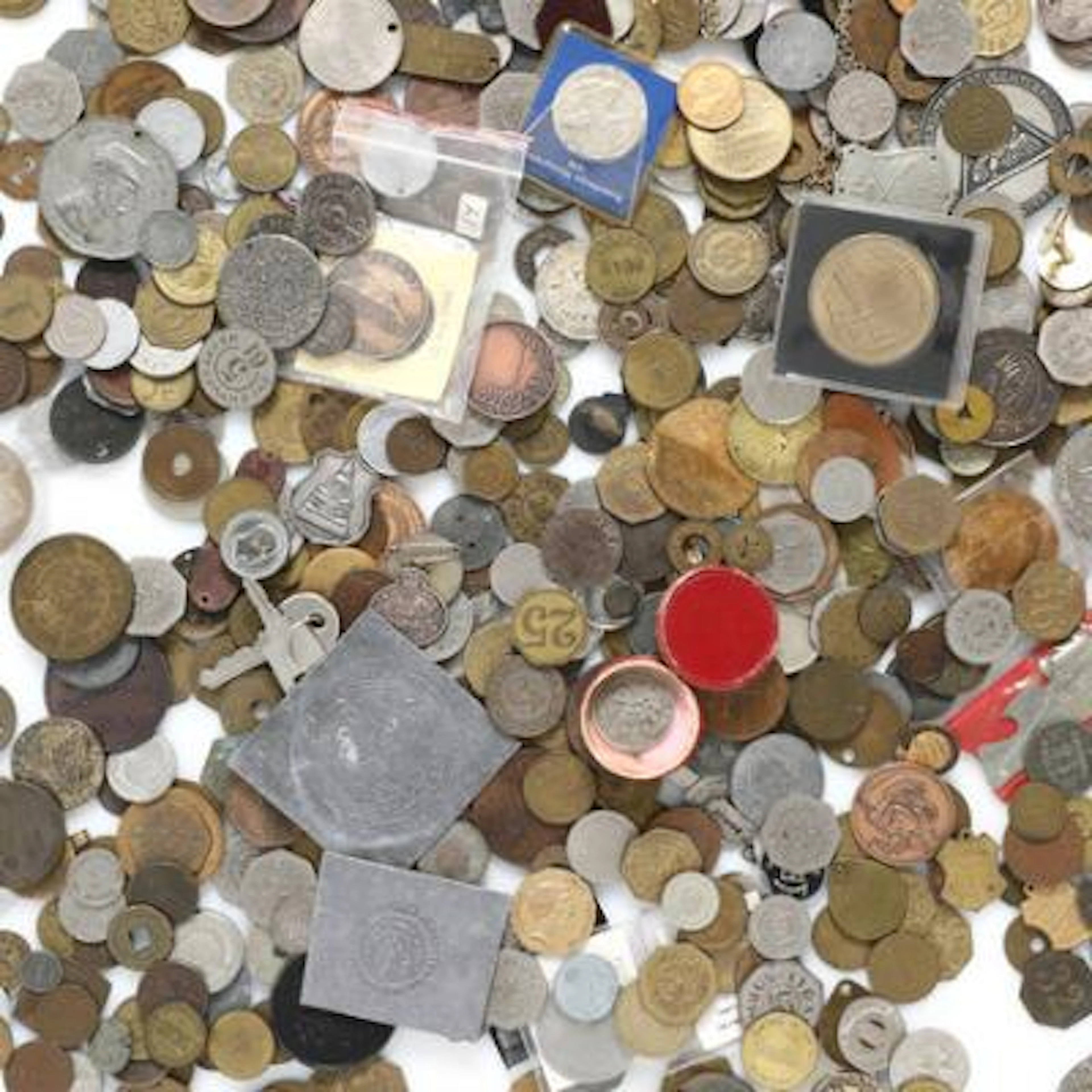 Box containing a large collection of Danish and foreign tokens and