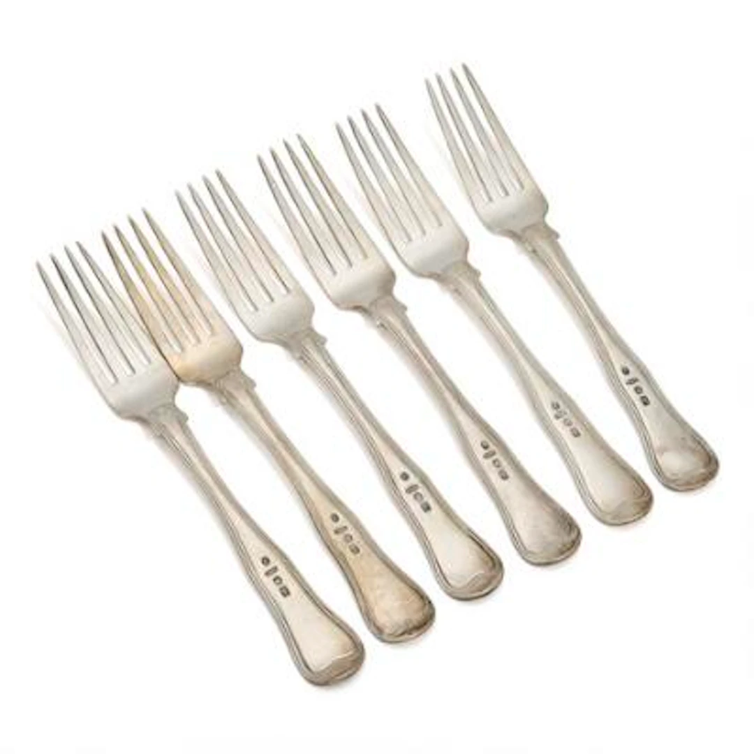 Conrad Schrøder: Six silver forks with private monogram for King Frederik