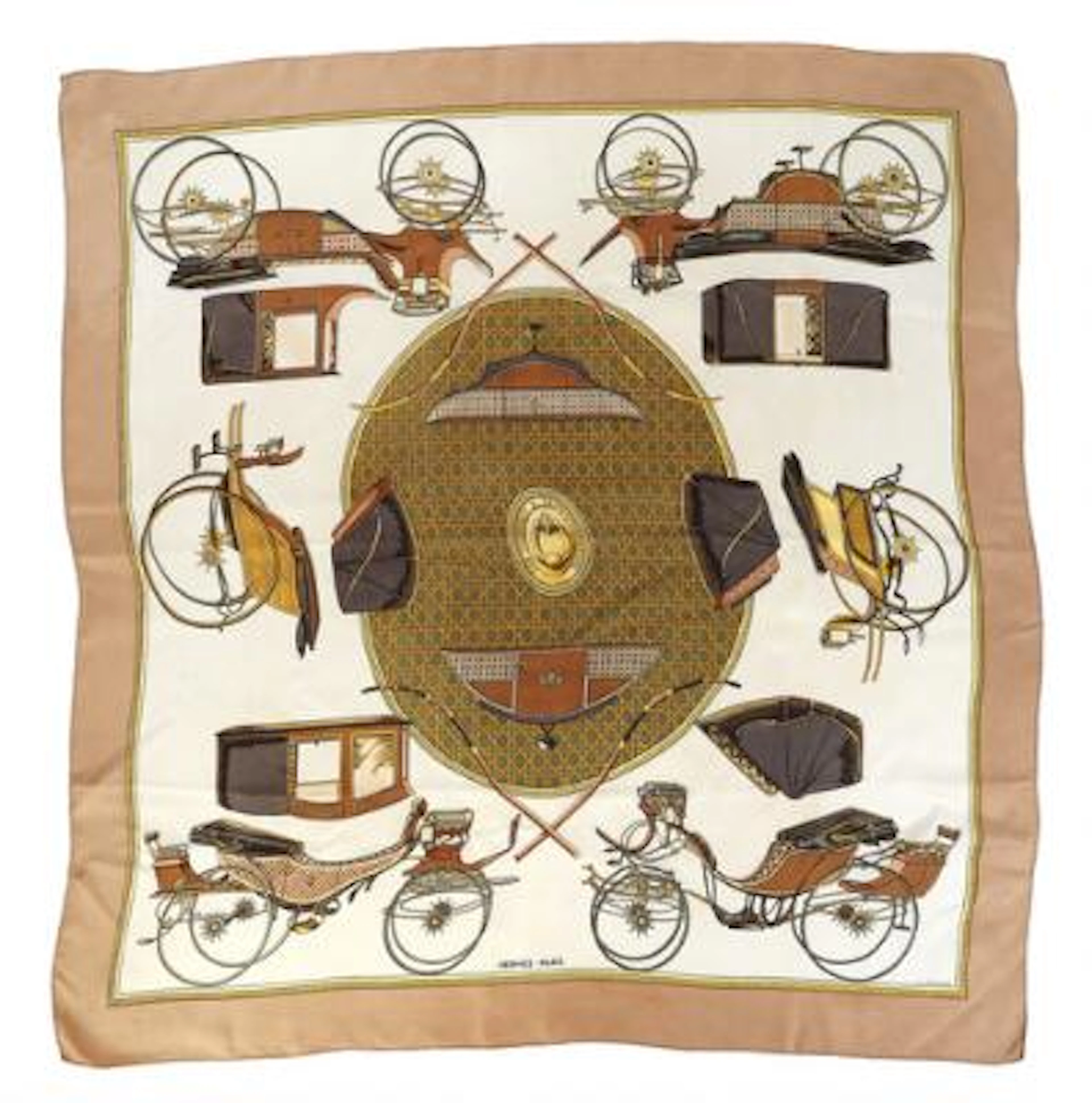 Hermès: A silk scarf with motif "Les Voitures à Transformation" by