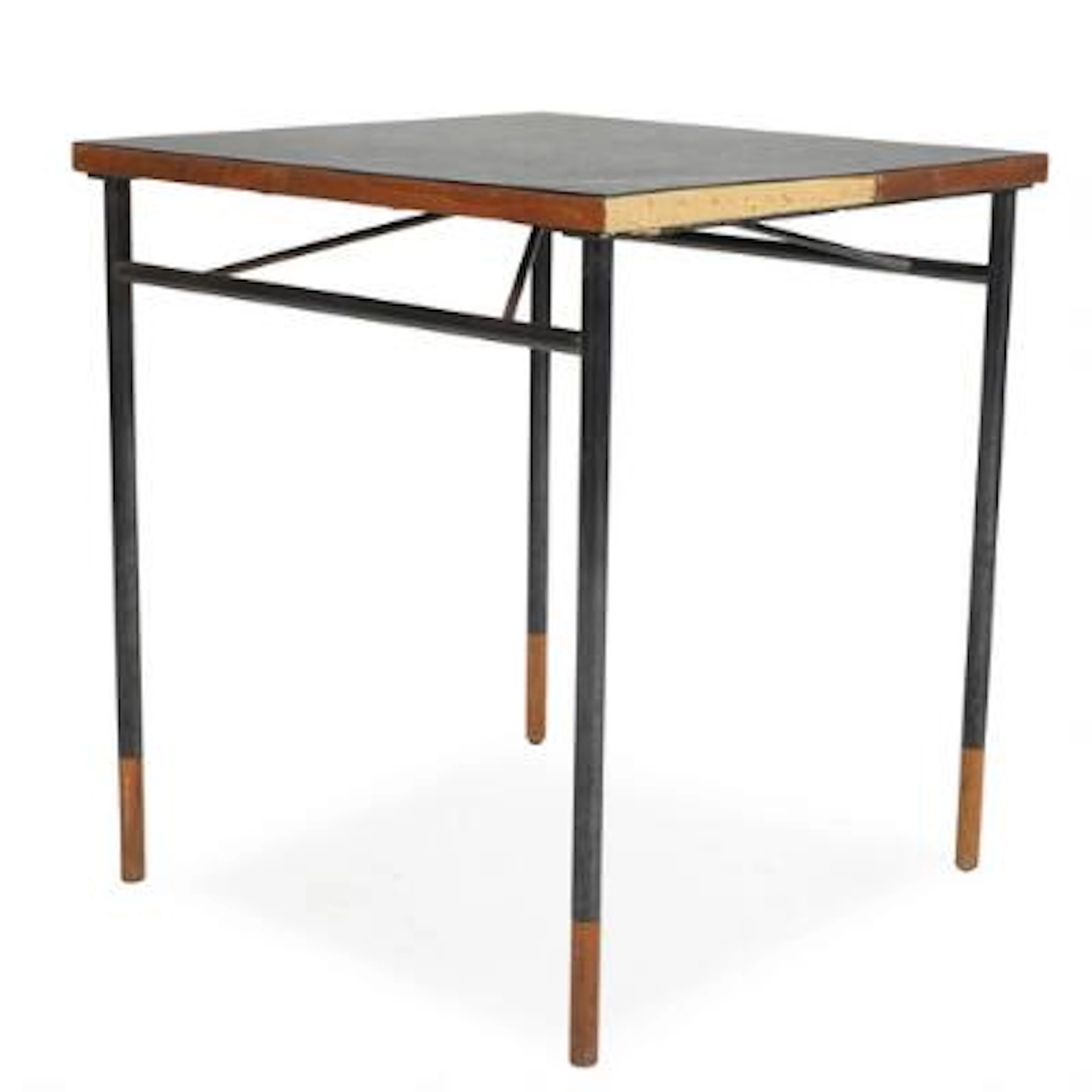 Finn Juhl: Square table with steel frame. Walnut wood "Shoes" and