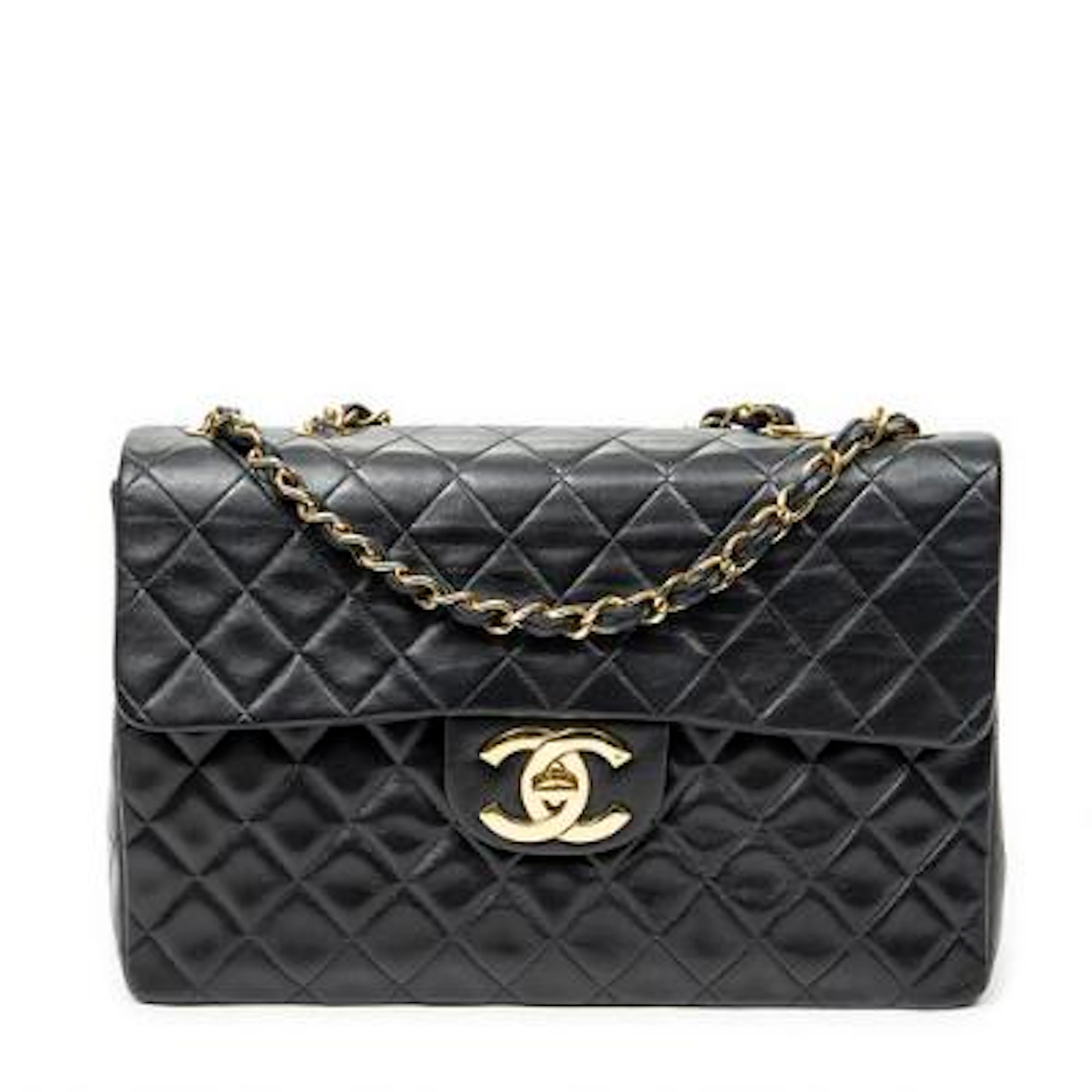 Chanel: A "Maxi Jumbo XL Flap" bag of black quilted leather with gold-tone