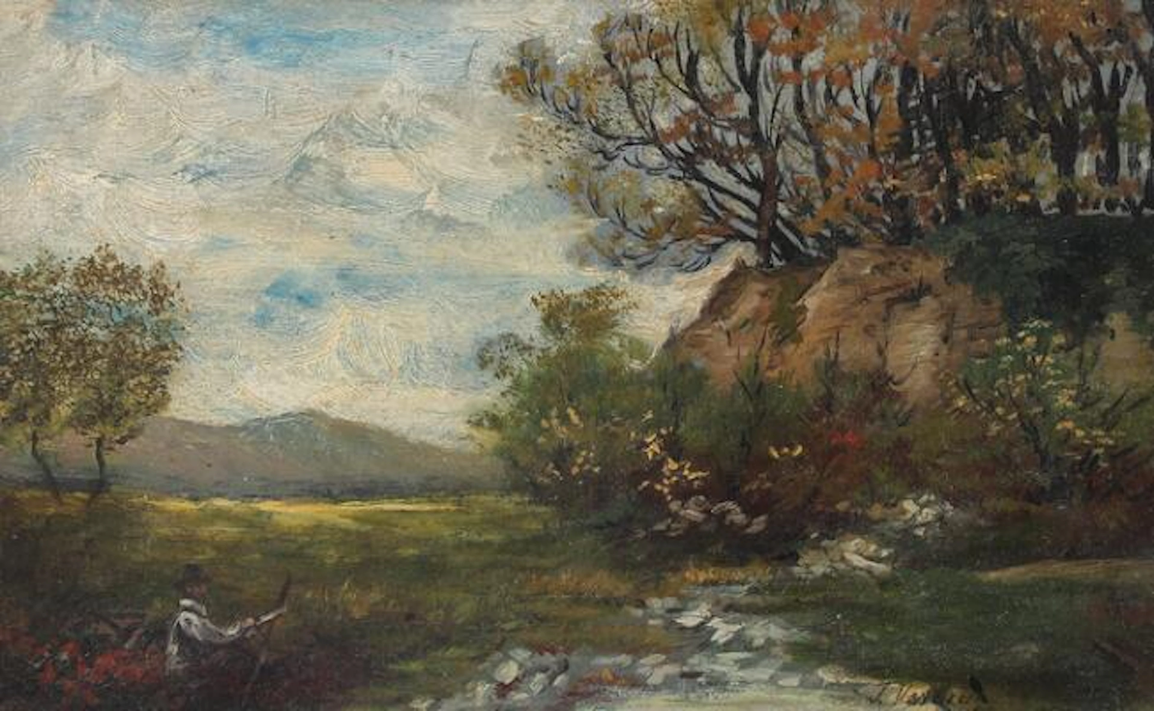 Unknown painter, 20th century: Mountain landscape with fisherman by