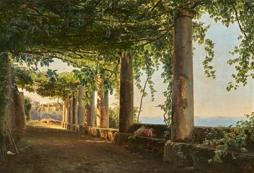 Janus la Cour: View of the sea from a loggia on Capri. Signed and