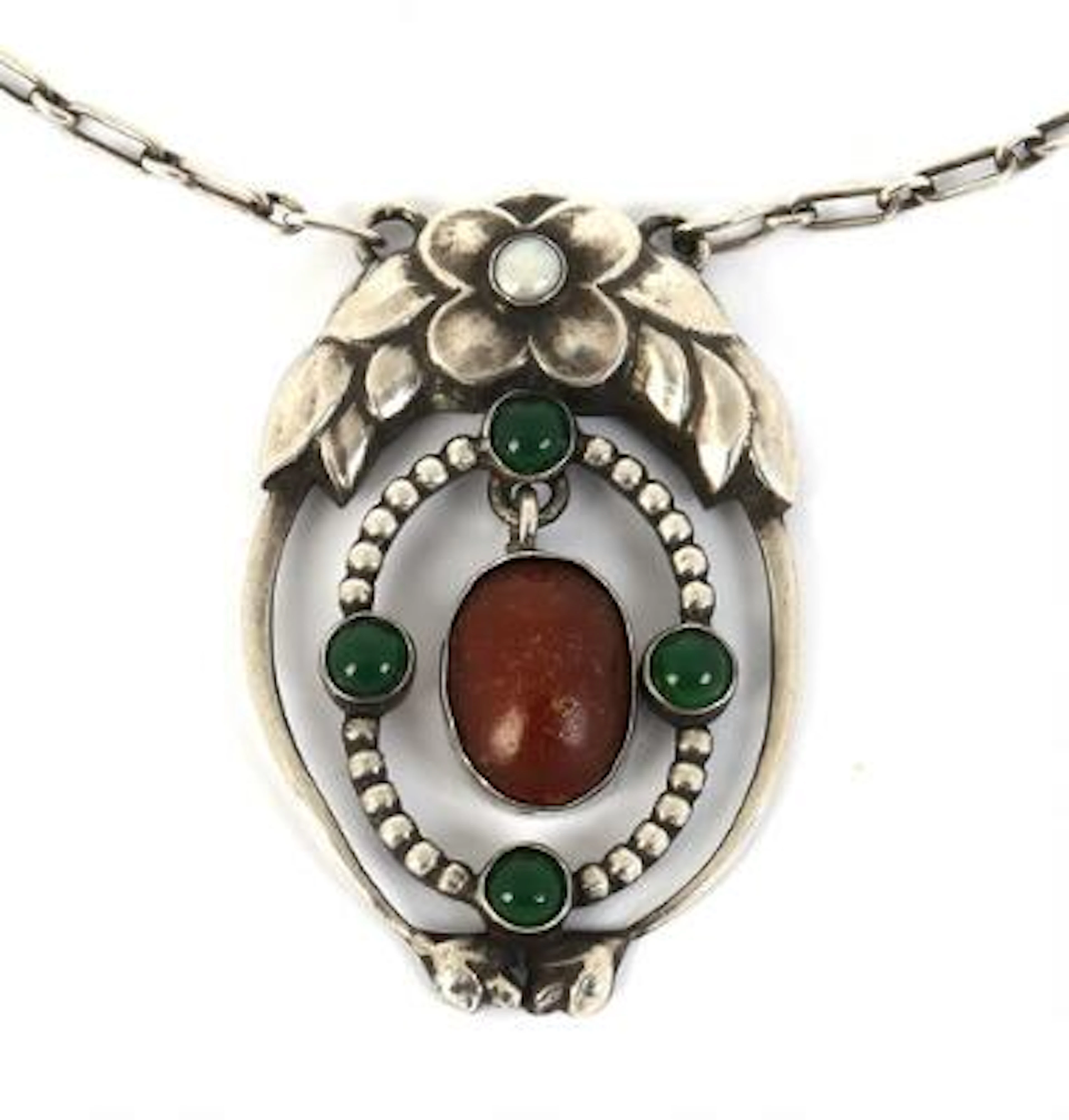 Georg Jensen: An amber necklace, set with amber, chrysoprase and mother-of-pearl