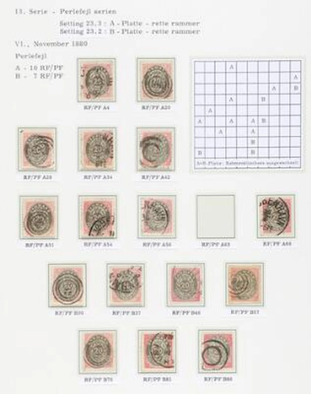 1875. 20 øre, 6.print. Page with 16 LARGE AND SMALL PEARL FLAWS –