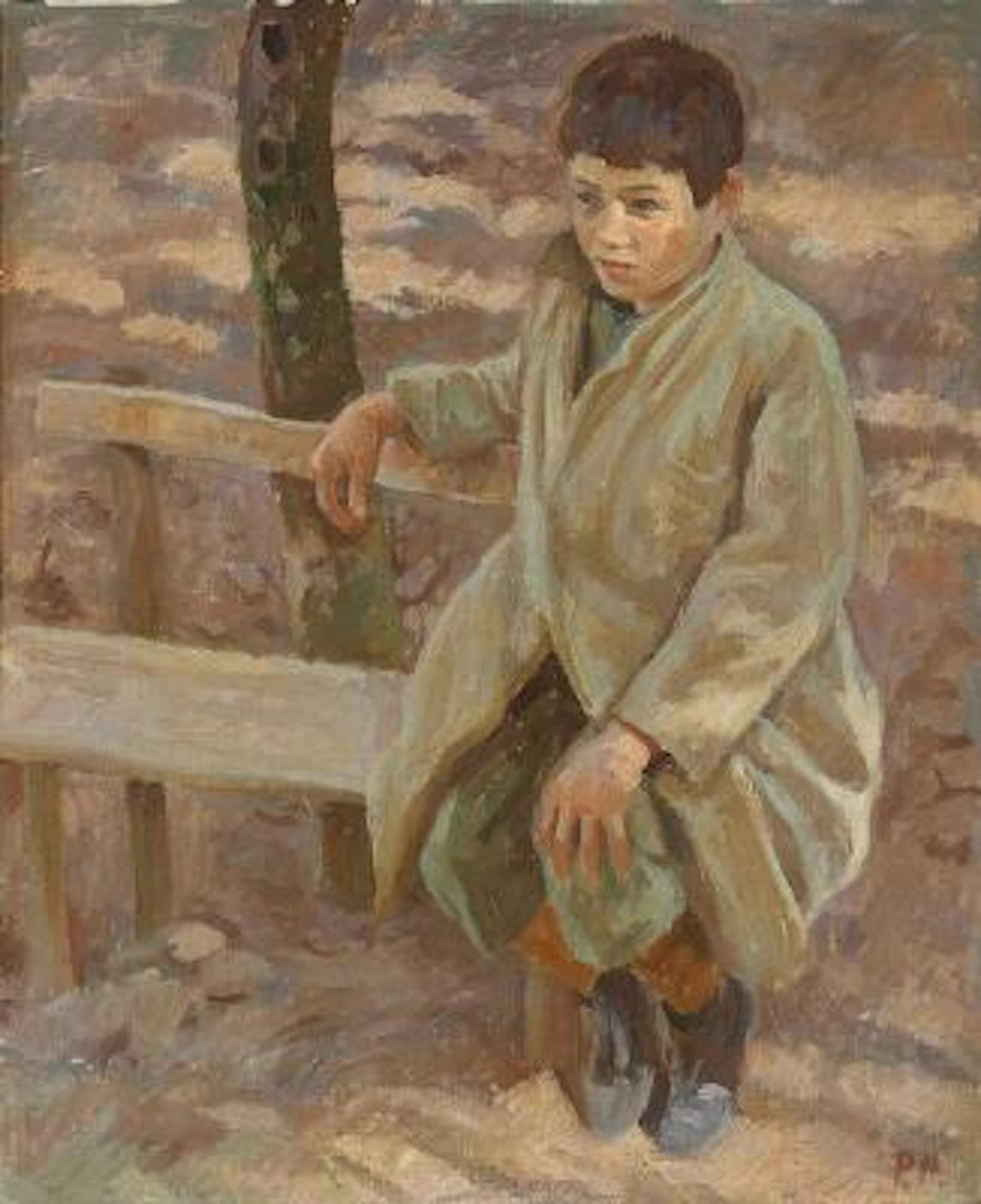 Peter Hansen: A child sitting on a bench. Signed P. H. Oil on canvas.