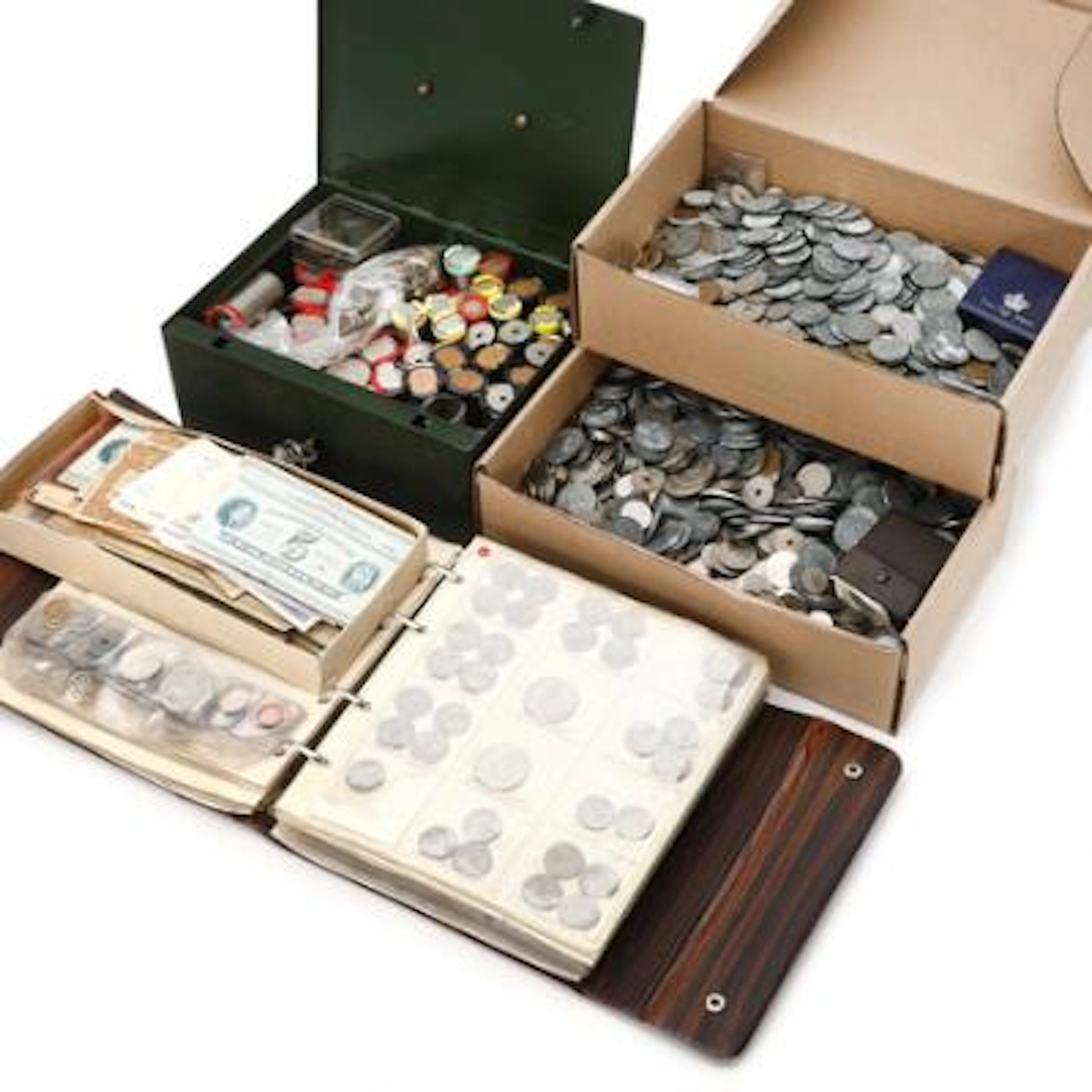 Moving box containing a money box and two boxes with a large collection