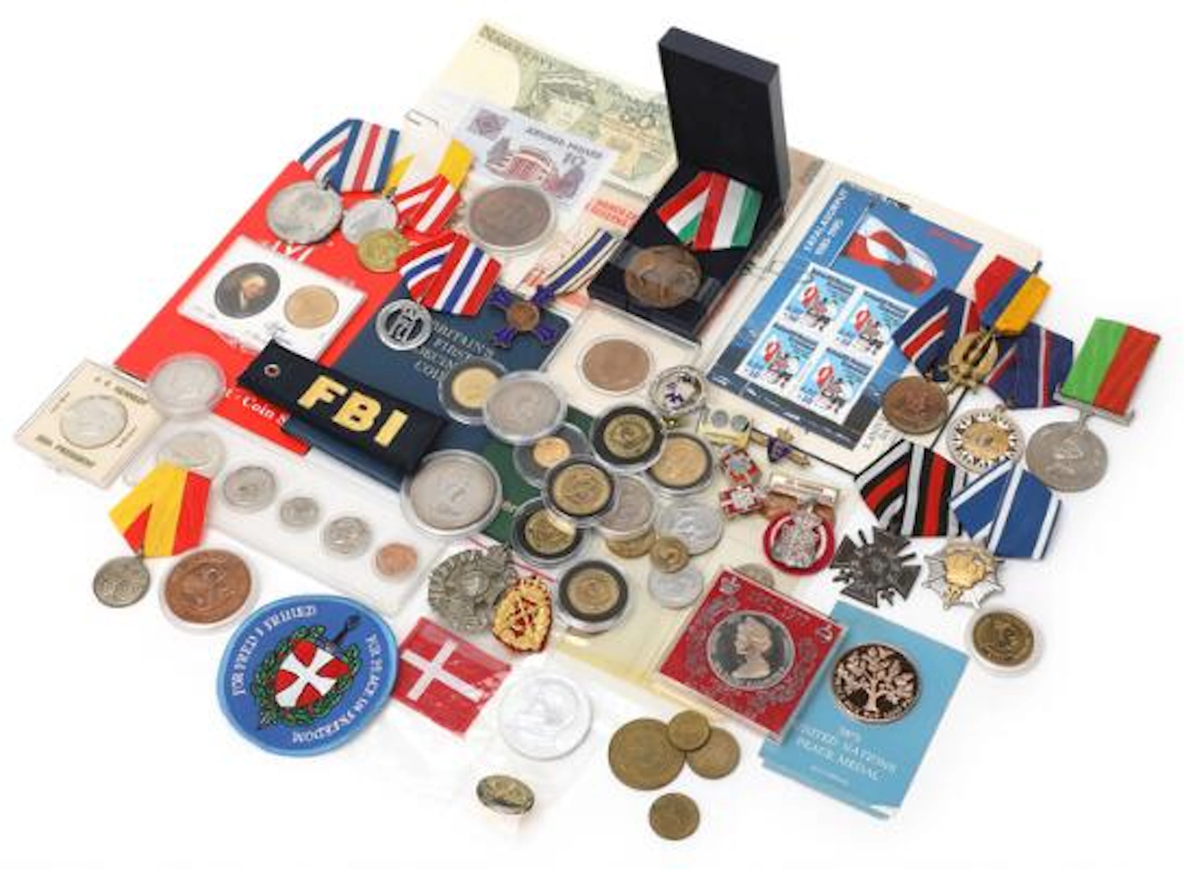 Collection of various coins, banknotes, stamps and medals from various