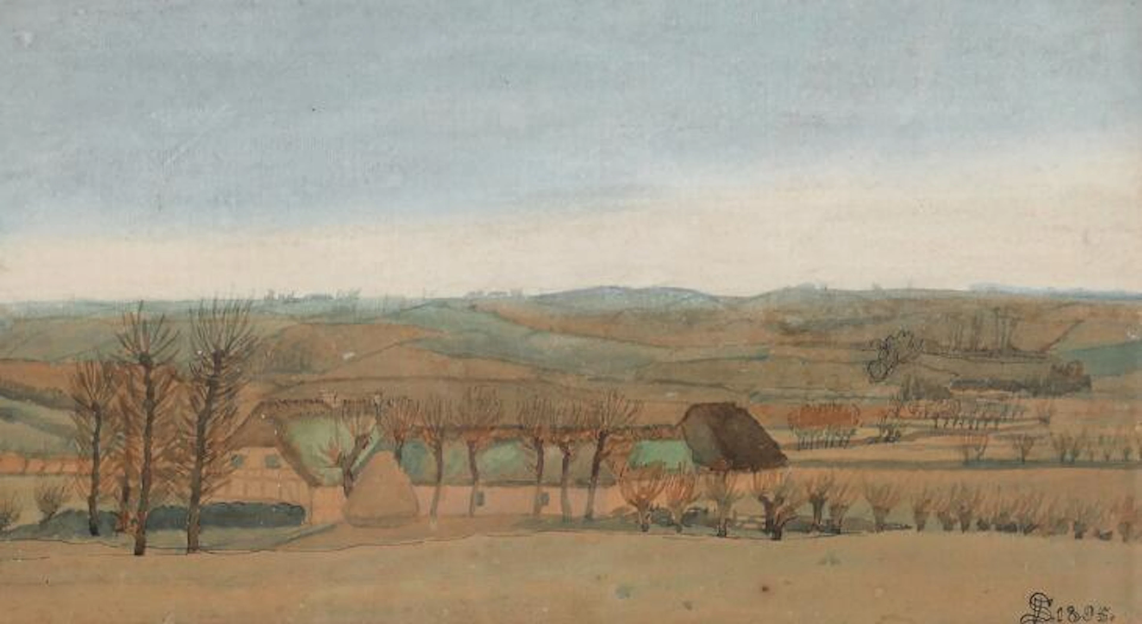 Fritz Syberg: Landscape with green fields. Signed. Watercolour and