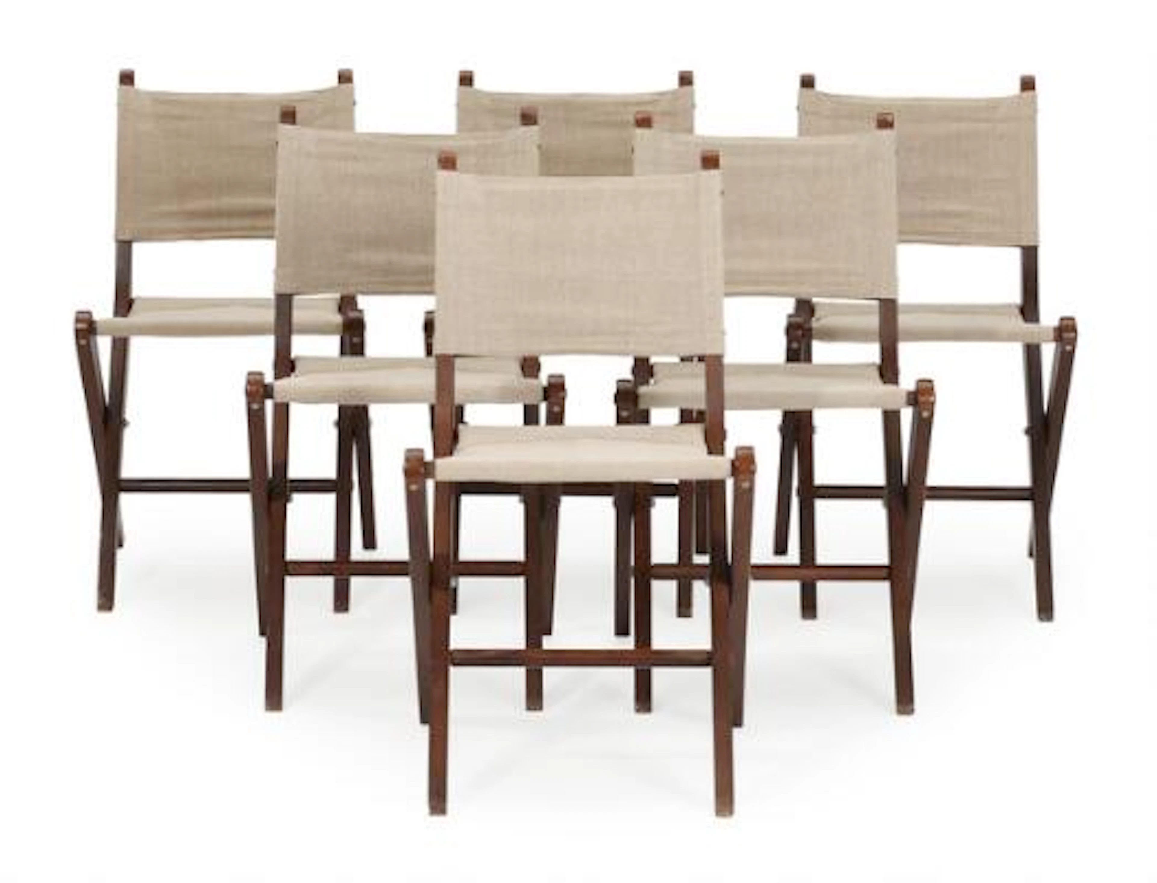 Danish furniture design: Six stained beech folding chairs with canvas.
