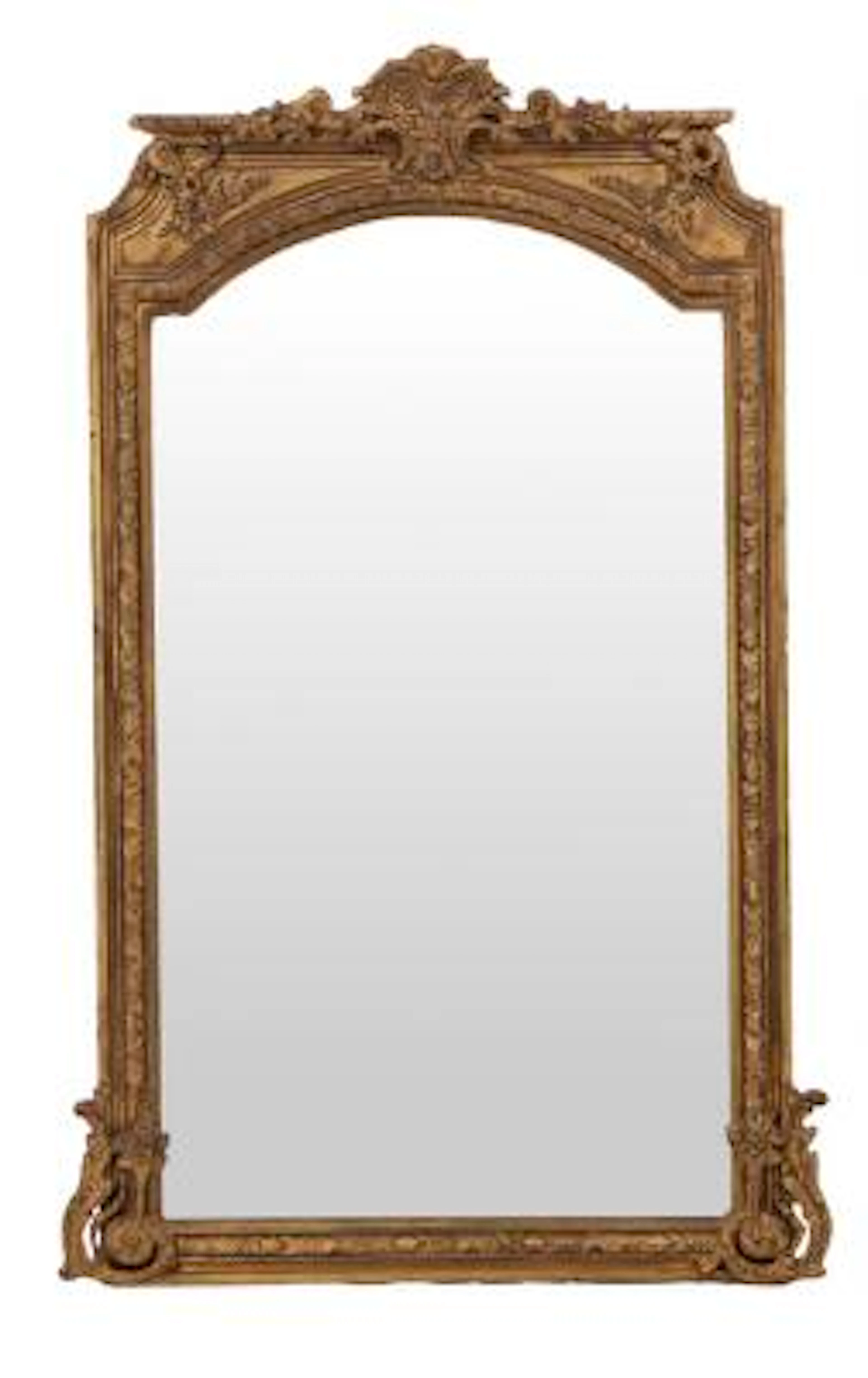 A Large French chimney mirror with carved giltwood frame. Early 20th