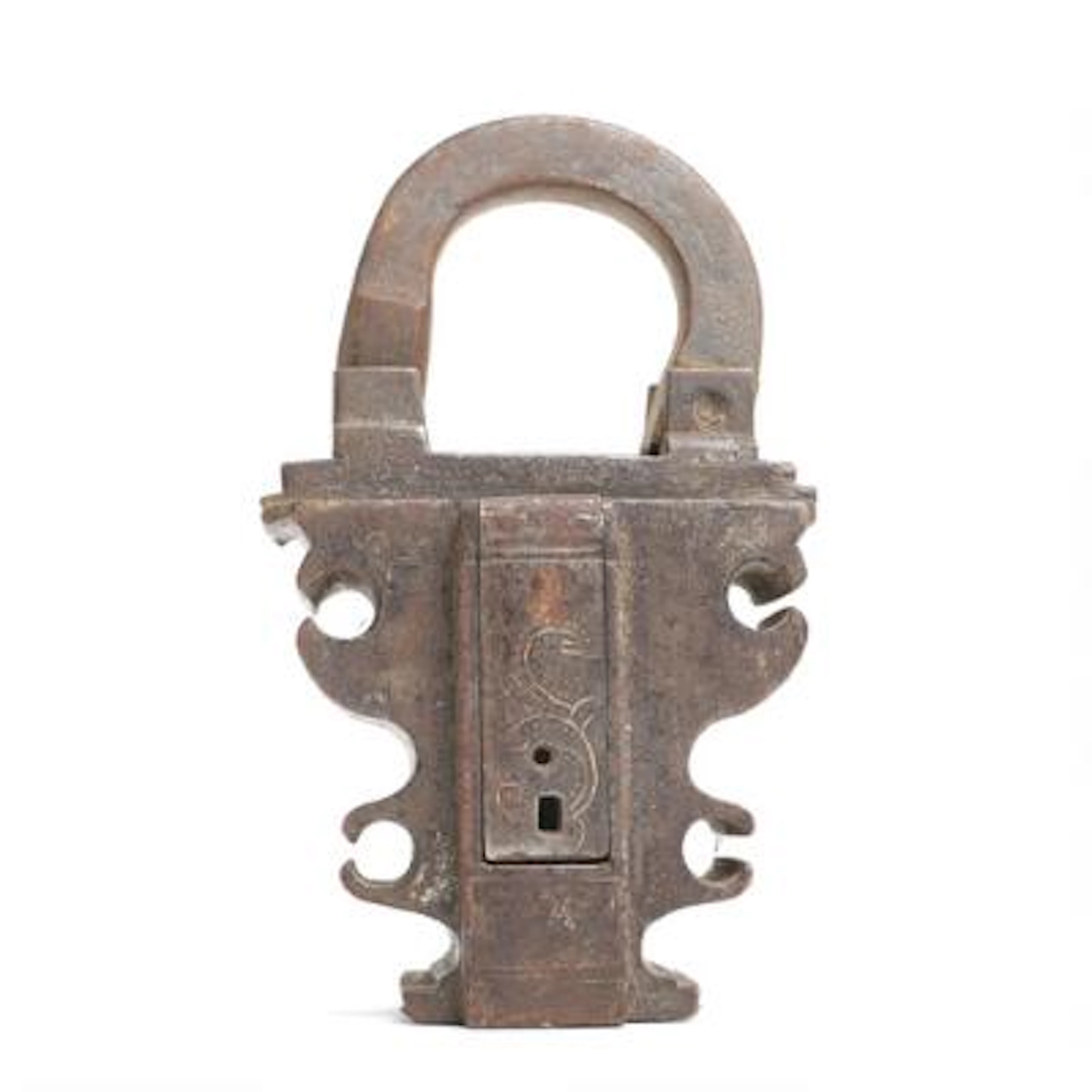 Renaissance iron padlock, engraved with leaf scrolls. 17th century.