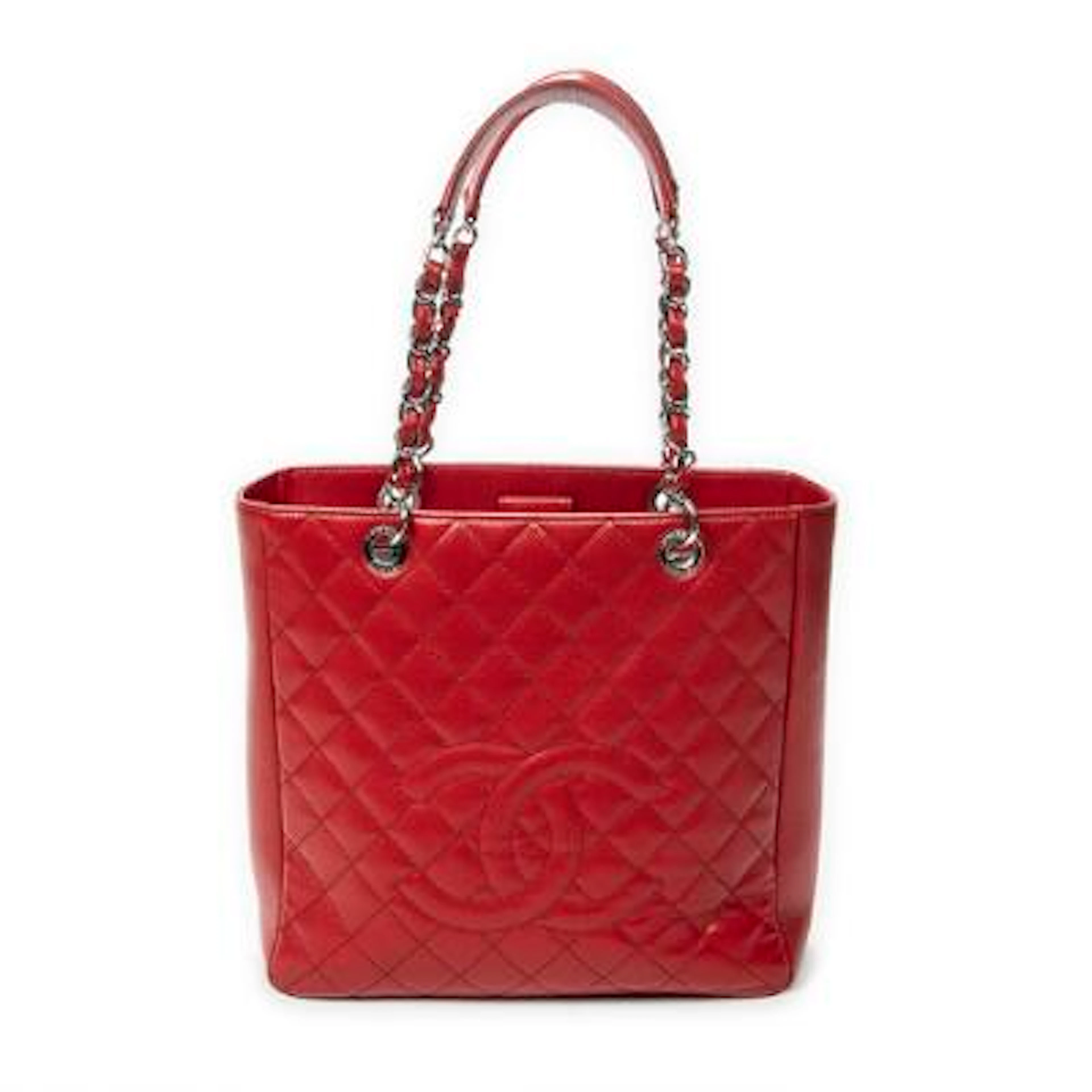 Chanel: "Grand Shopping Tote" bag of red quilted leather with silver-coloured