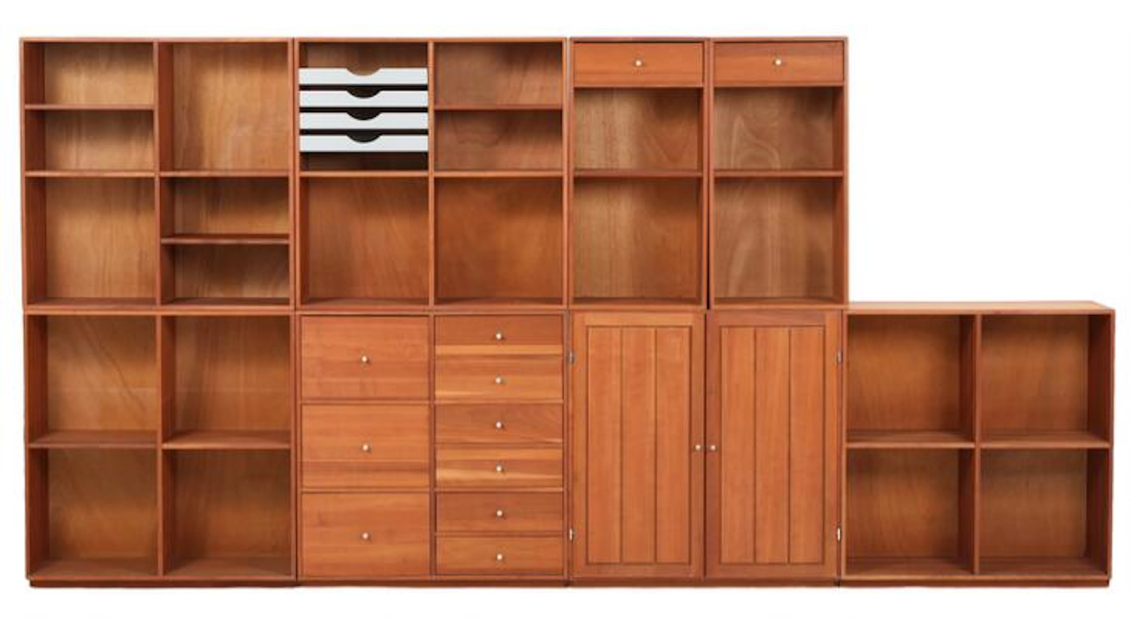 At-Bo: Seven shelving units in solid cherry with visible dowel joints.
