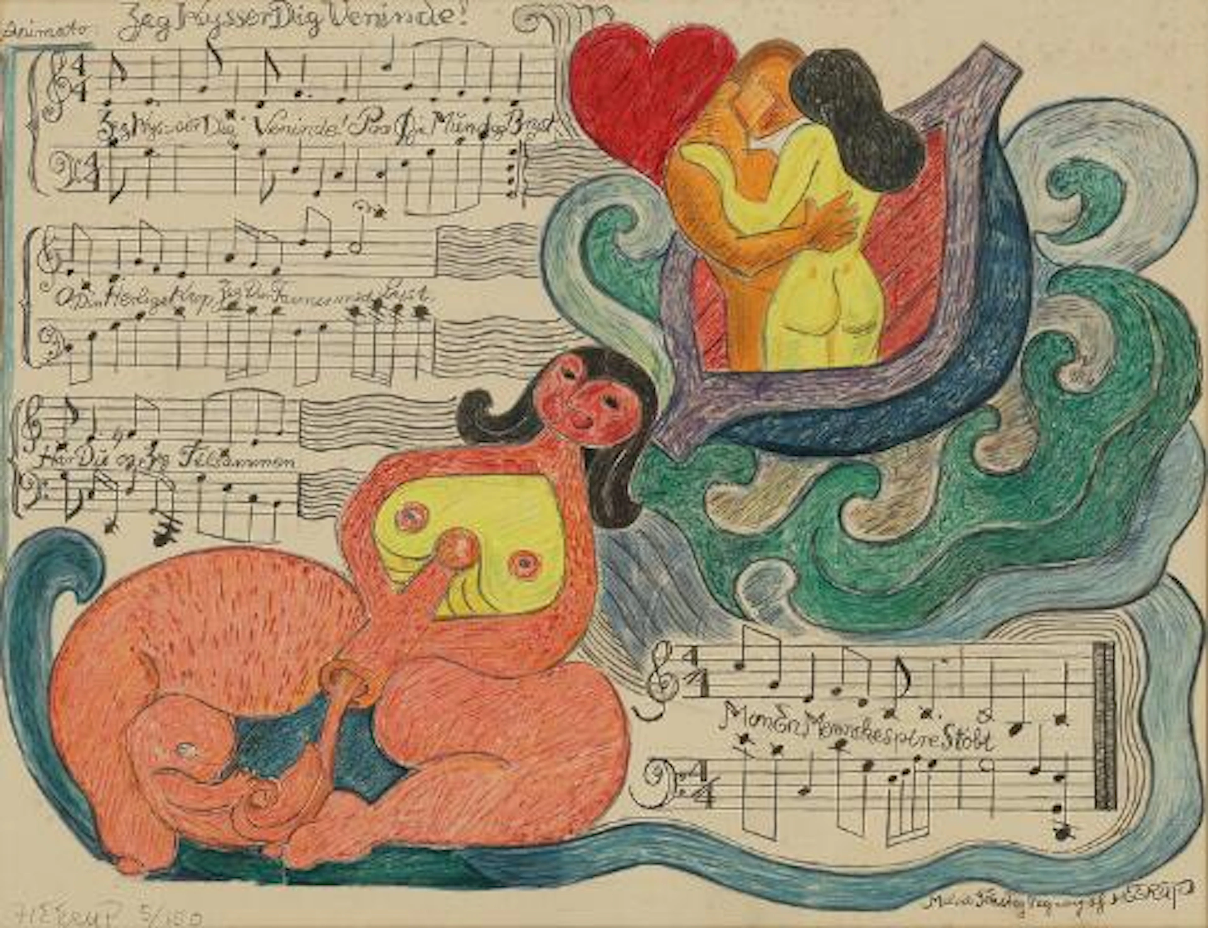 Henry Heerup: "I Kiss You, My Dear Friend!". Signed Heerup, Lithograph