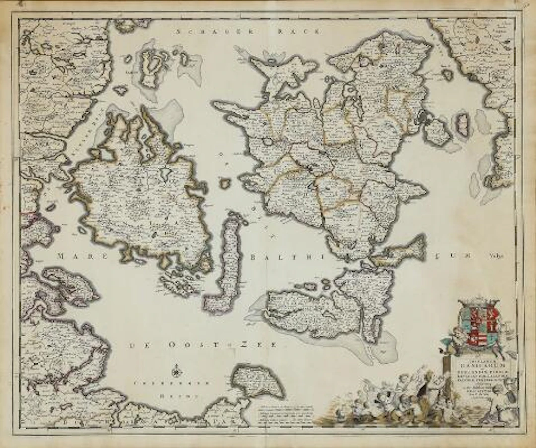 Frederik de Wit: "Insularum Danicarum ut Zeelaniæ". Circa 1680. Hand-coloured
