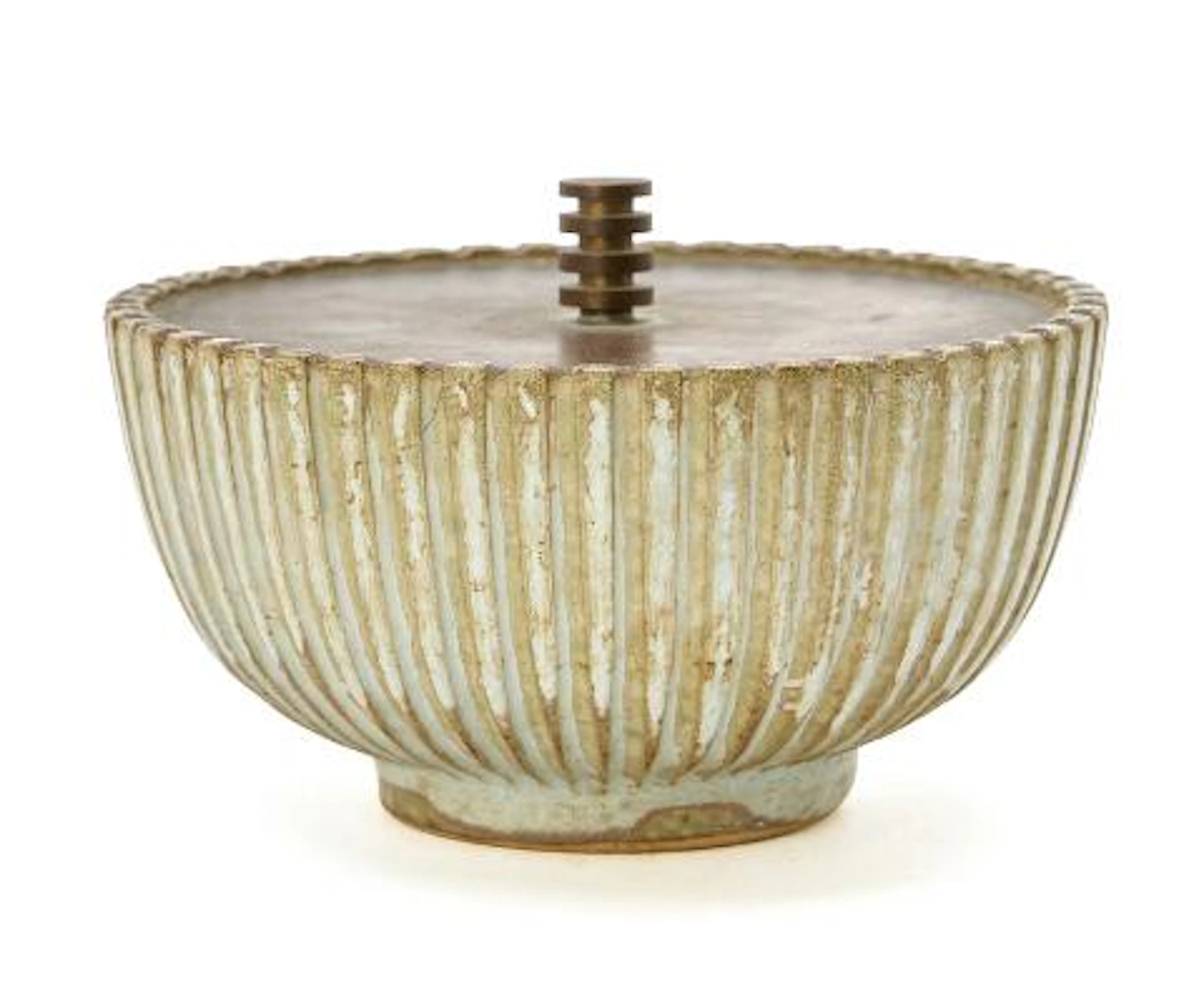 Arne Bang: A stoneware lidded bowl modelled with vertical fluting.