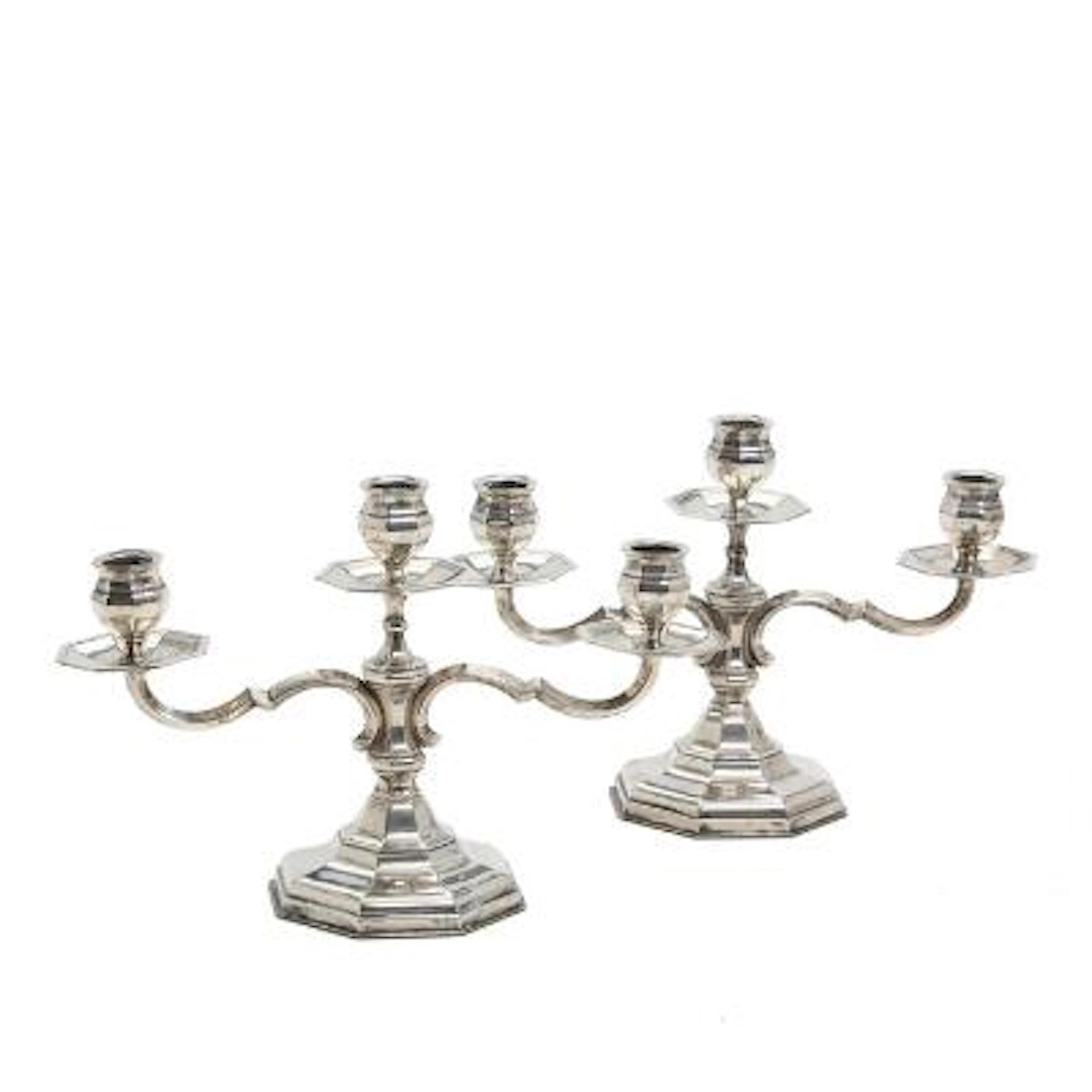Hugo Grün: A pair of three-armed silver candelabra. 20th century.