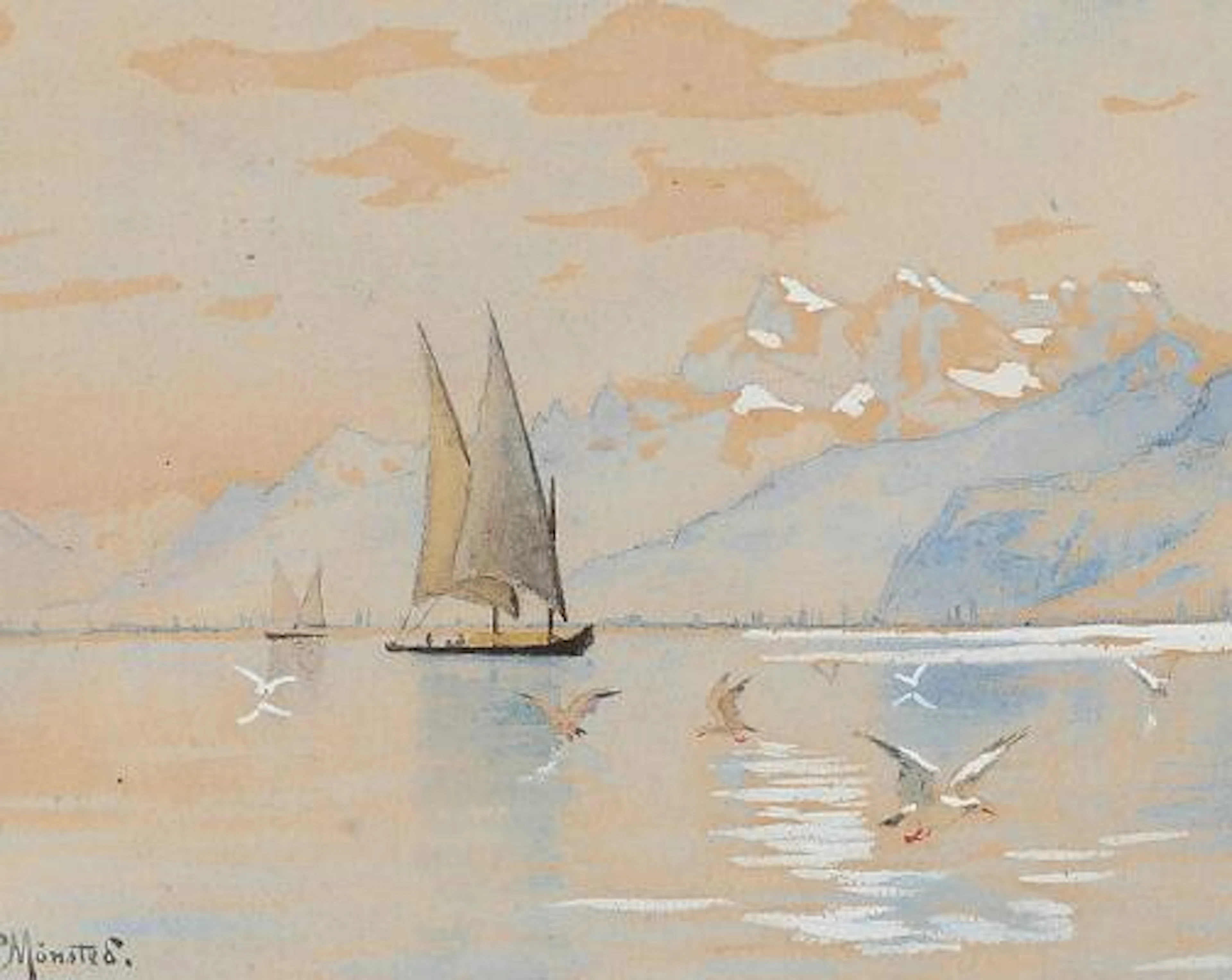 Peder Mønsted: Marine scene with ships at sea. Signed P. Mønsted.