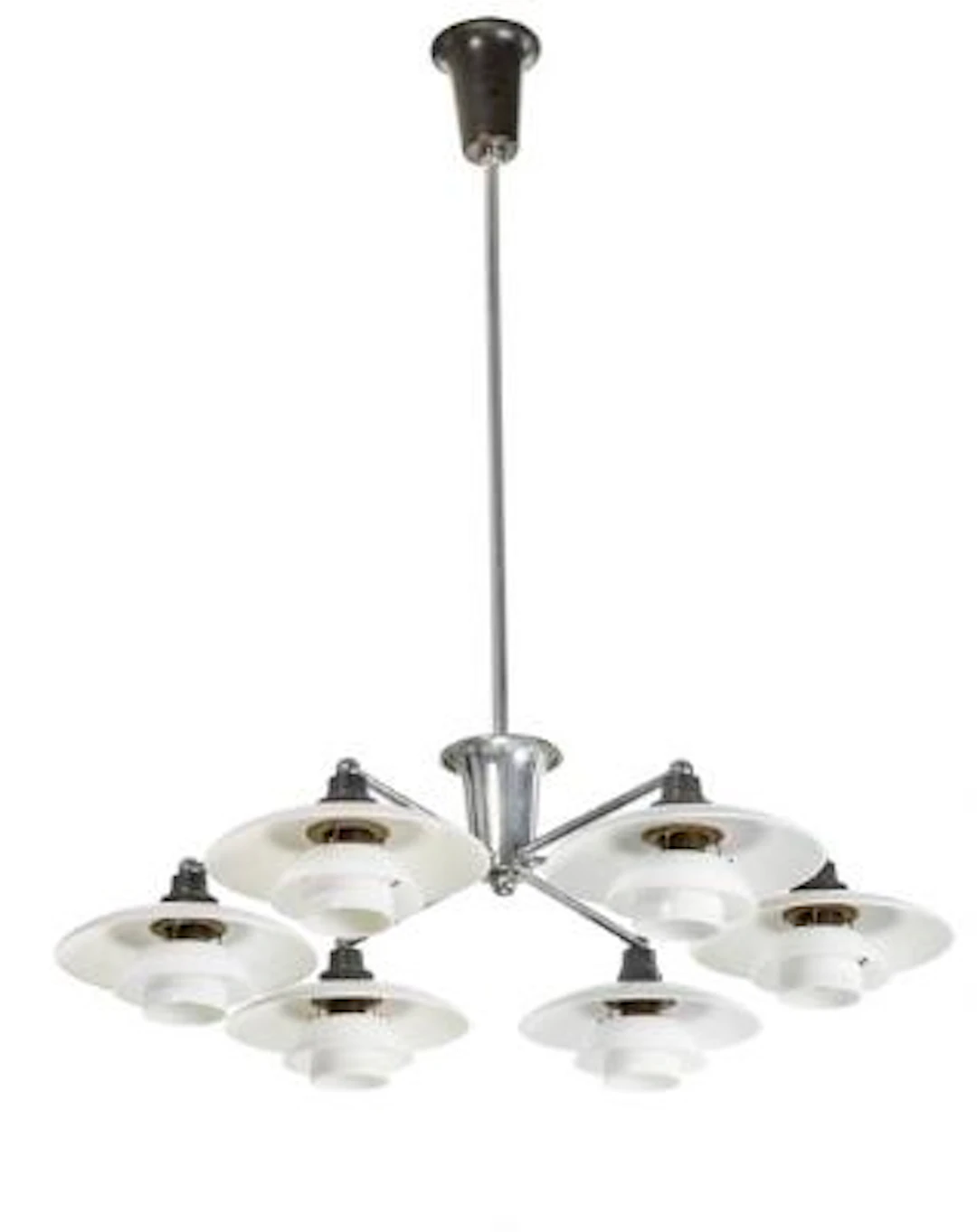 Poul Henningsen: “PH-2/1 Cup”. Chandelier with six armed, nickel plated